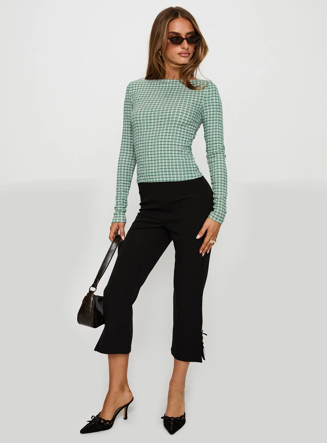 Every Second Boat Neck Long Sleeve Top Green Check - Image 3