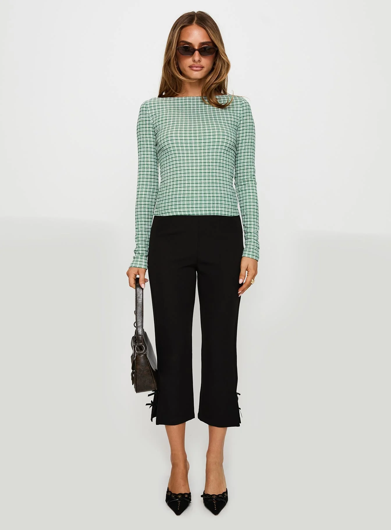Every Second Boat Neck Long Sleeve Top Green Check - Image 7