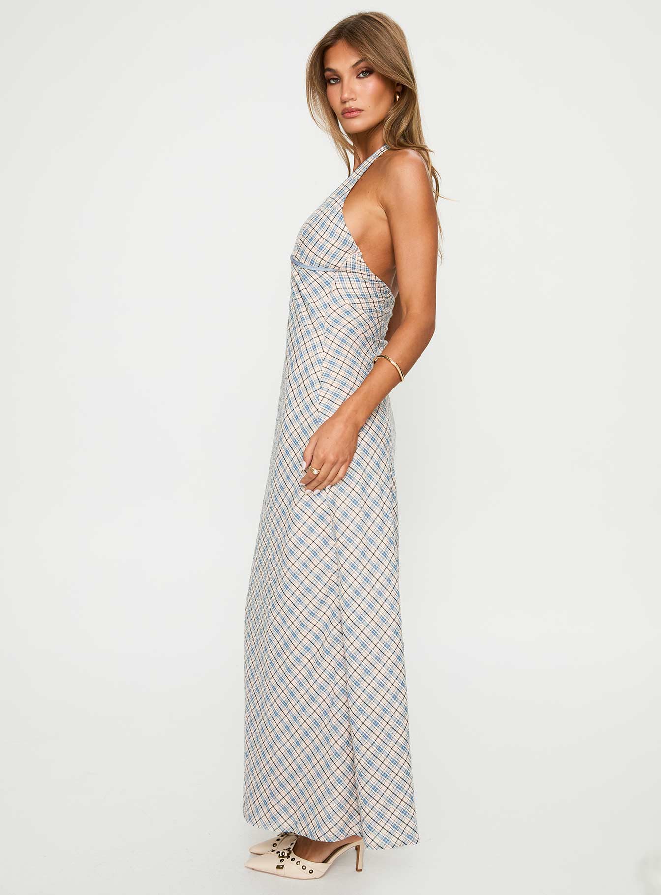 Evienna Halter Maxi Dress Blue Check - Image 3