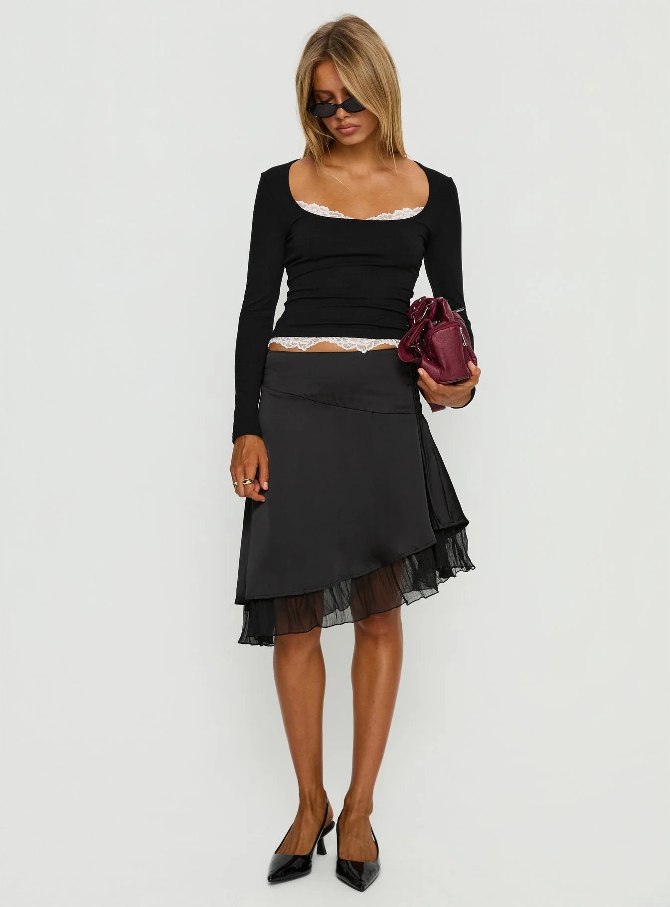 Falling Through Lace Detail Long Sleeve Top Black - Image 2