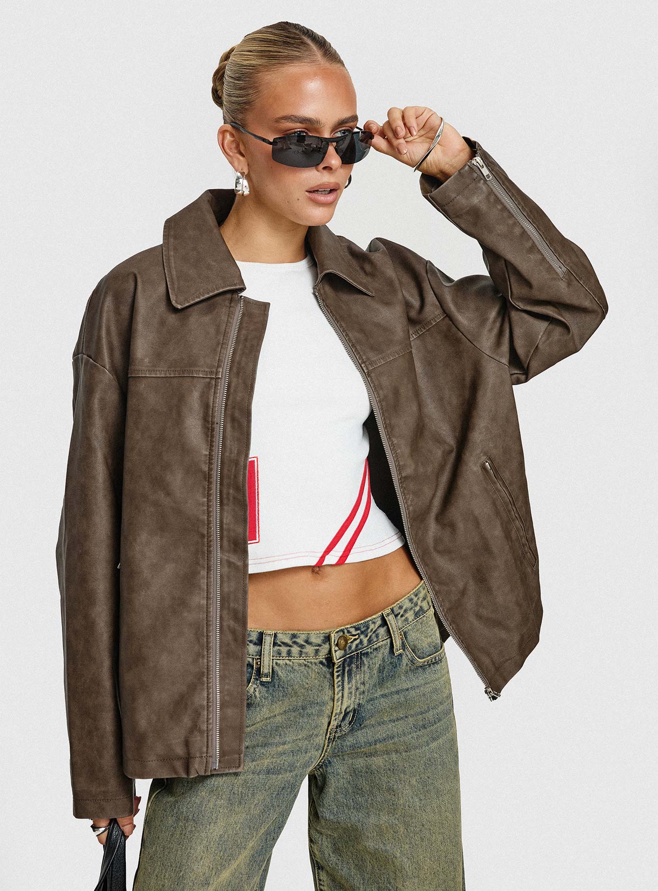 Faux Leather Collared Dad Jacket Washed Brown - Image 15