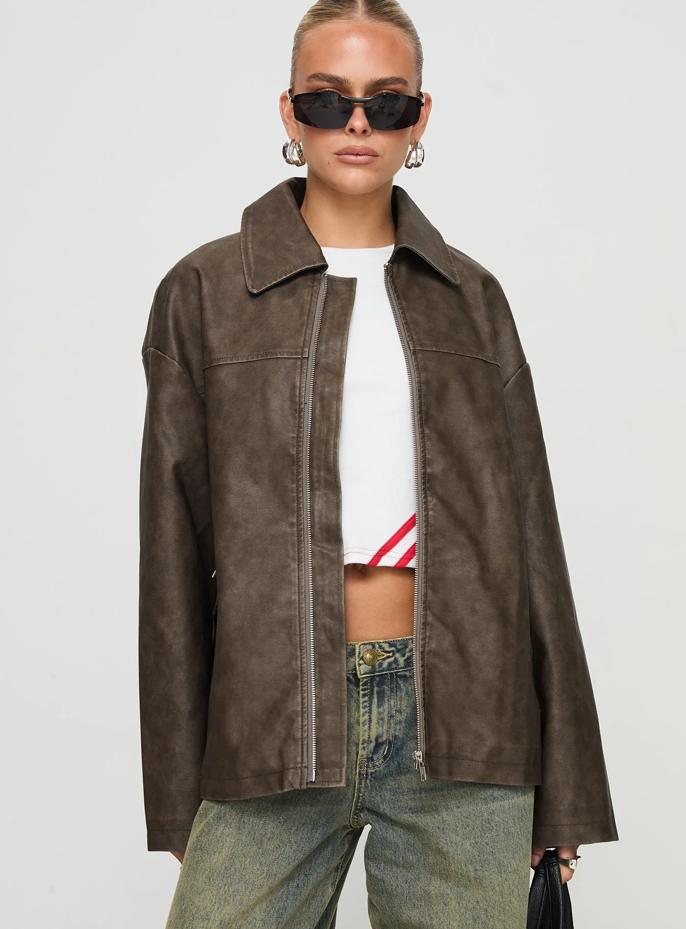 Faux Leather Collared Dad Jacket Washed Brown - Image 2