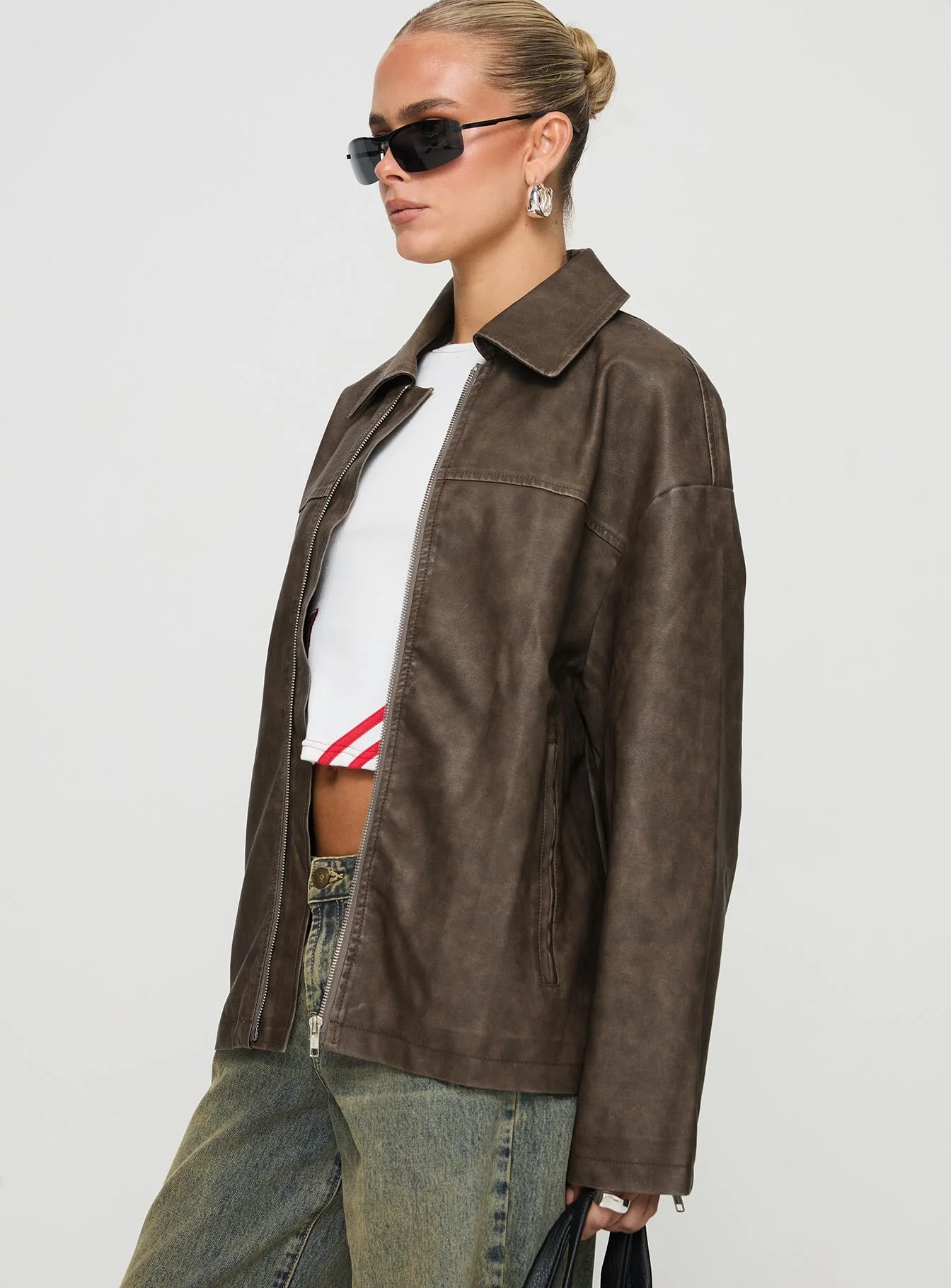 Faux Leather Collared Dad Jacket Washed Brown - Image 4