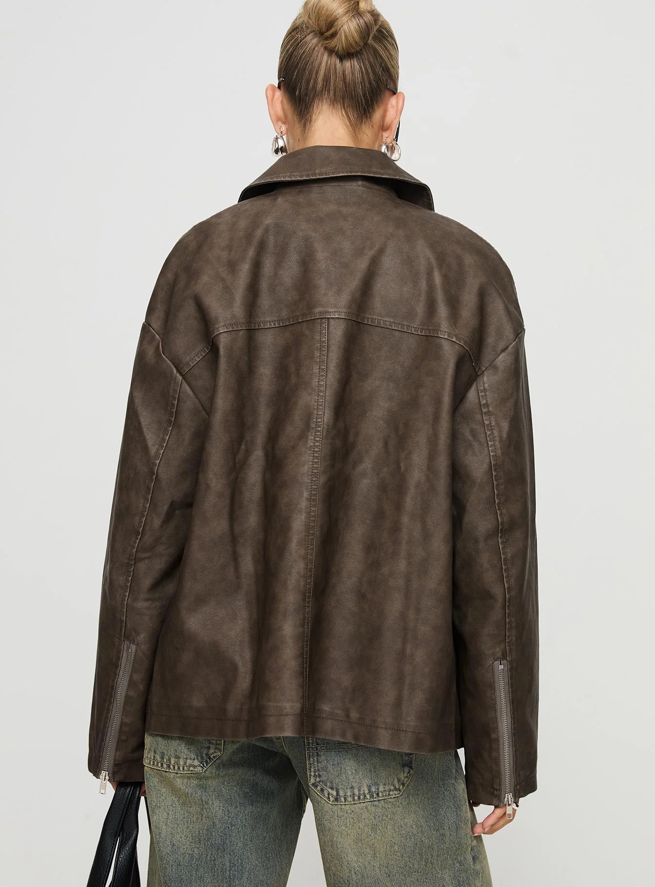 Faux Leather Collared Dad Jacket Washed Brown - Image 5