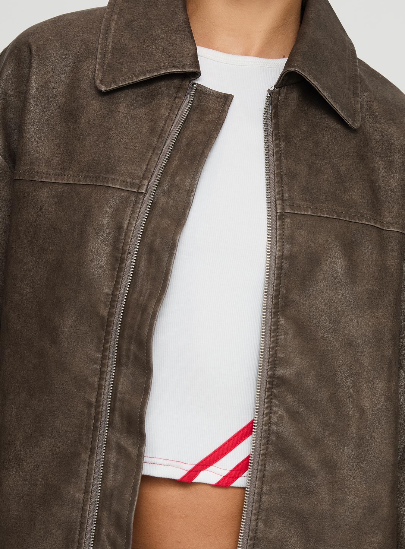 Faux Leather Collared Dad Jacket Washed Brown - Image 6