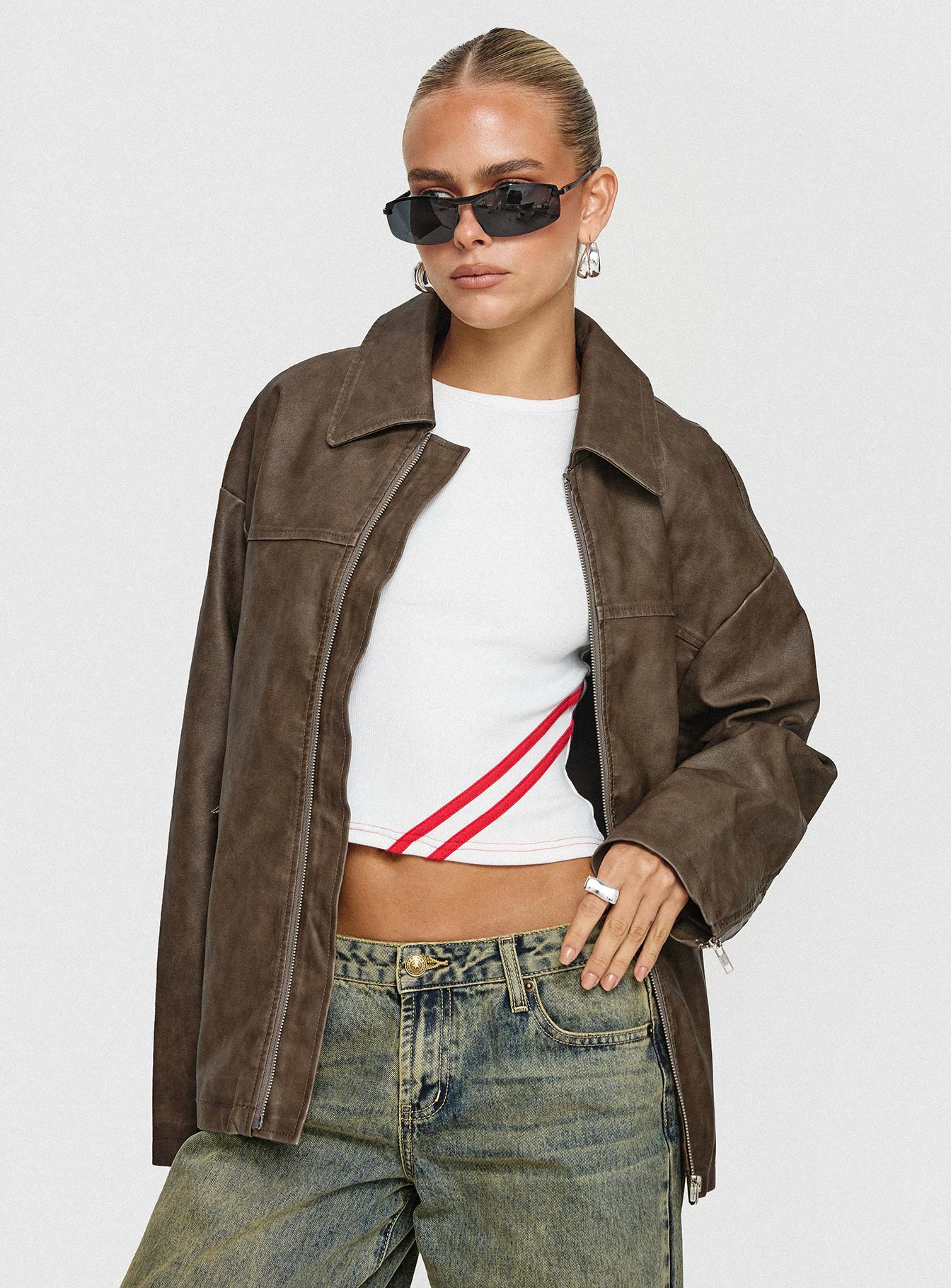 Faux Leather Collared Dad Jacket Washed Brown - Image 8