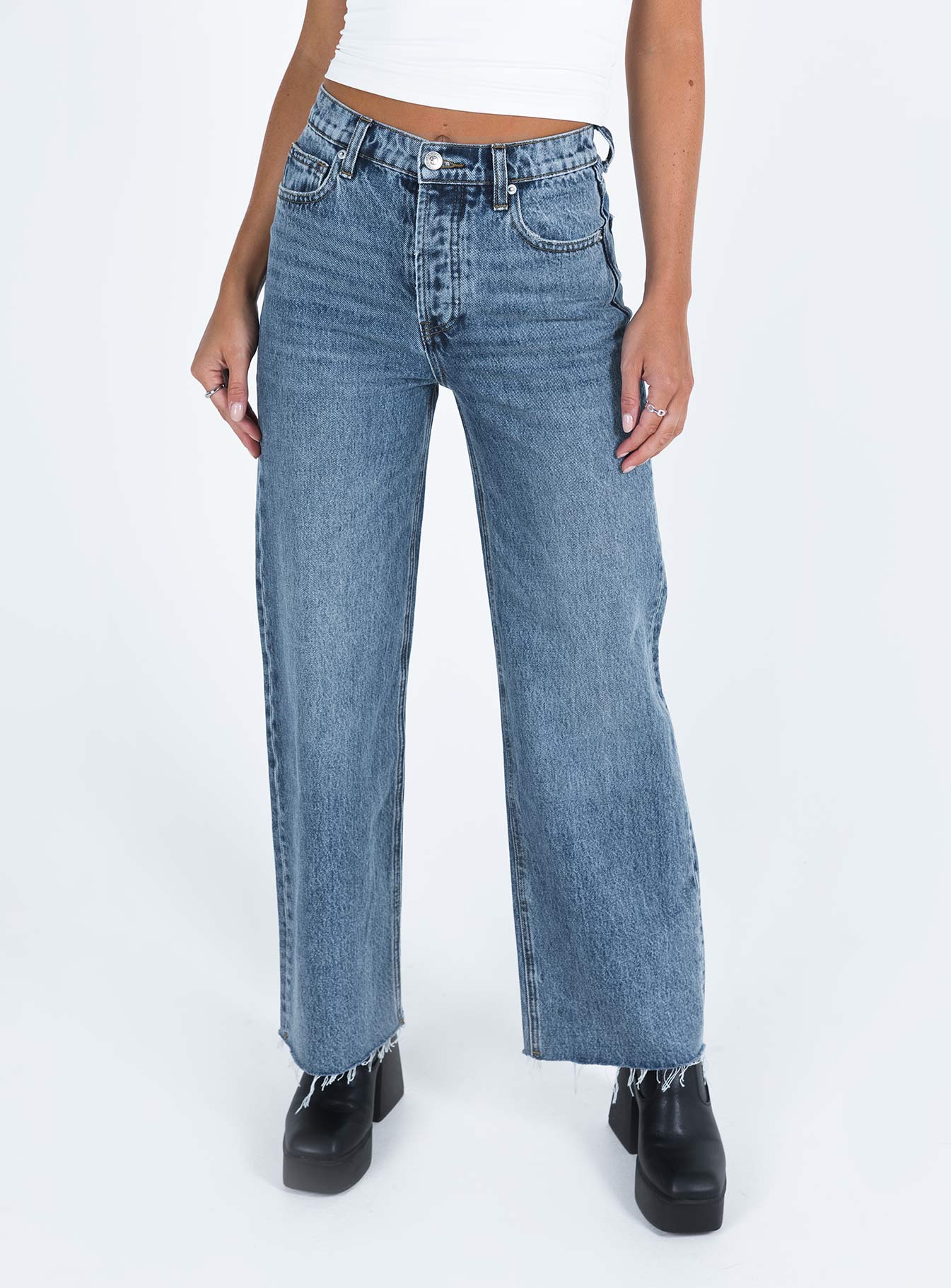 Fawcett High Rise Straight Leg Jeans Mid Blue Wash - Image 2