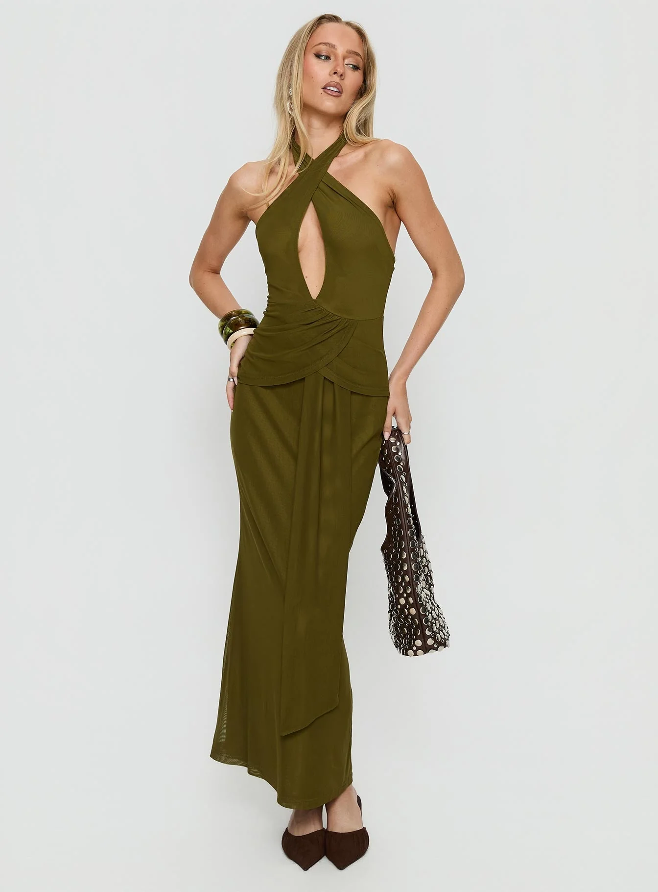Feliza Keyhole Halter Maxi Dress Olive - Image 3