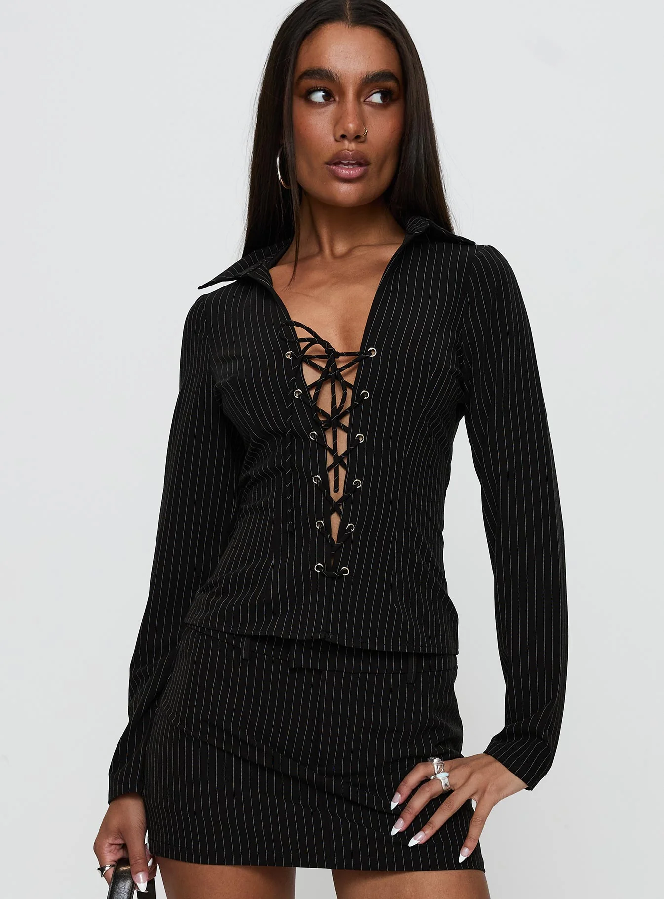 Feminique Tie Up Long Sleeve Top Black Stripe - Image 2