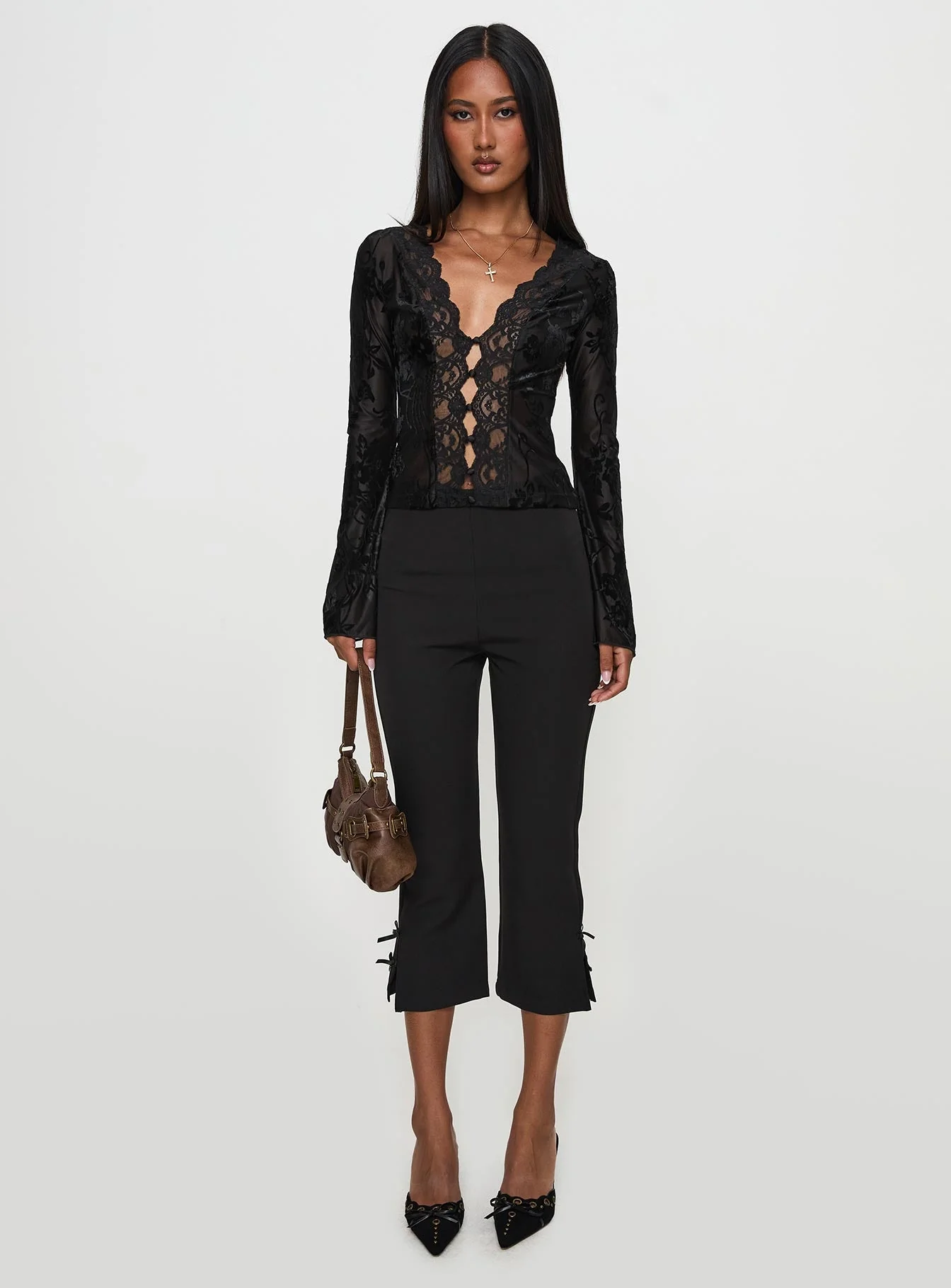 Find An Angel Long Sleeve Lace Trim Top Black - Image 6