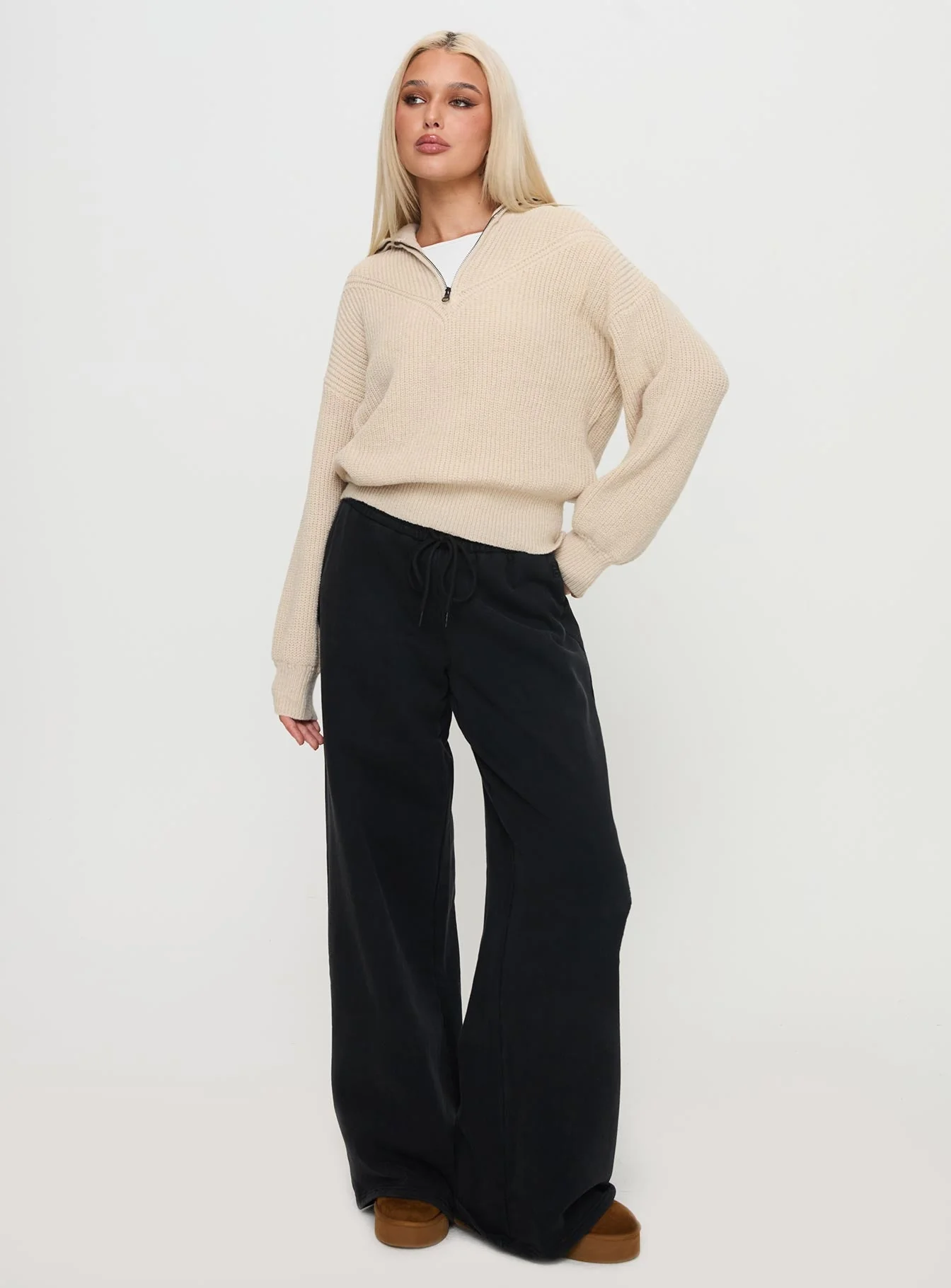 Fireheart Zip Through Knit Sweater Beige - Image 2