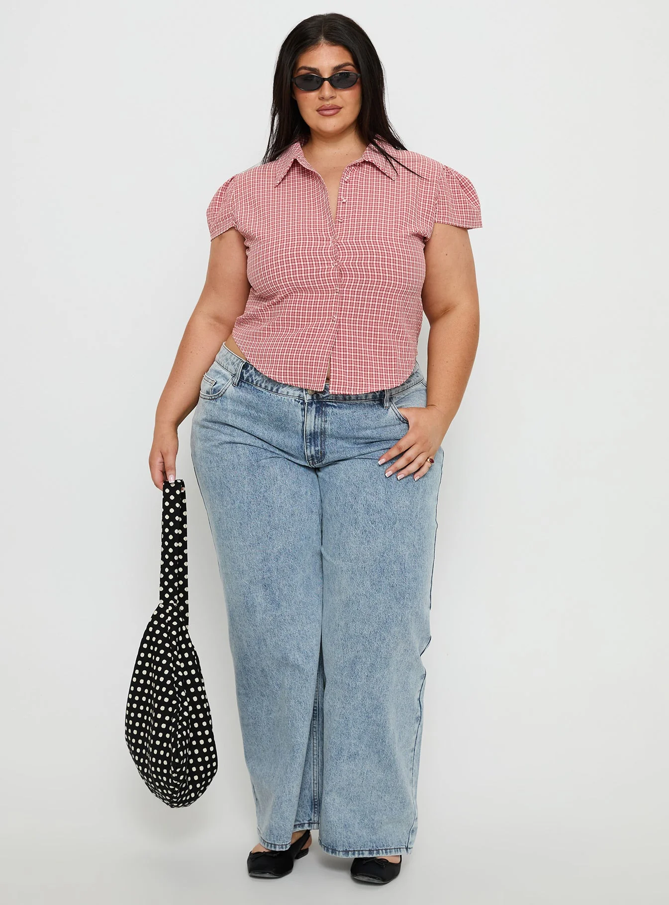Float Away Button Up Top Red Check Curve - Image 3