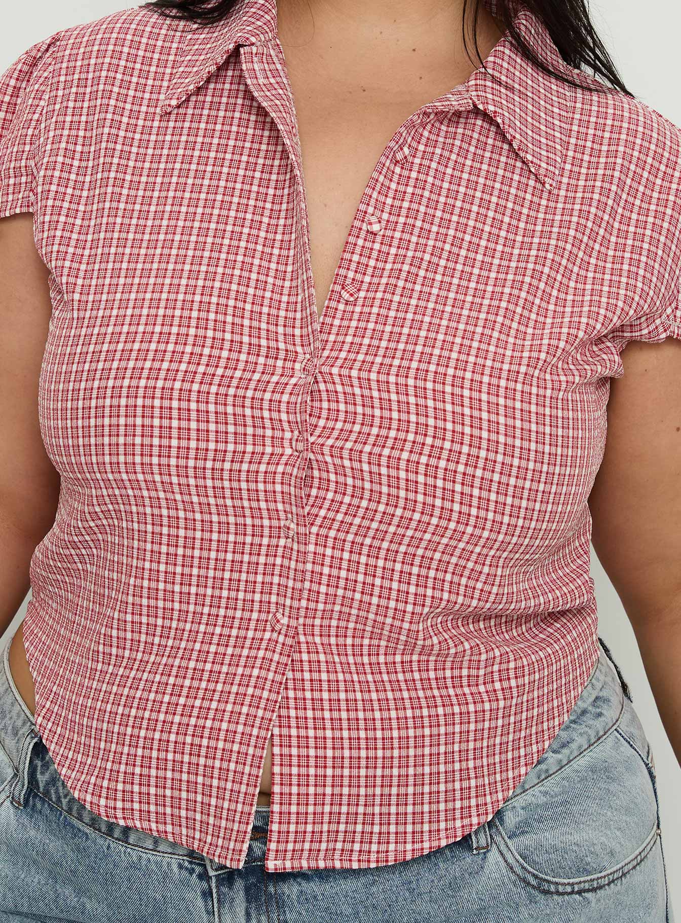 Float Away Button Up Top Red Check Curve - Image 6