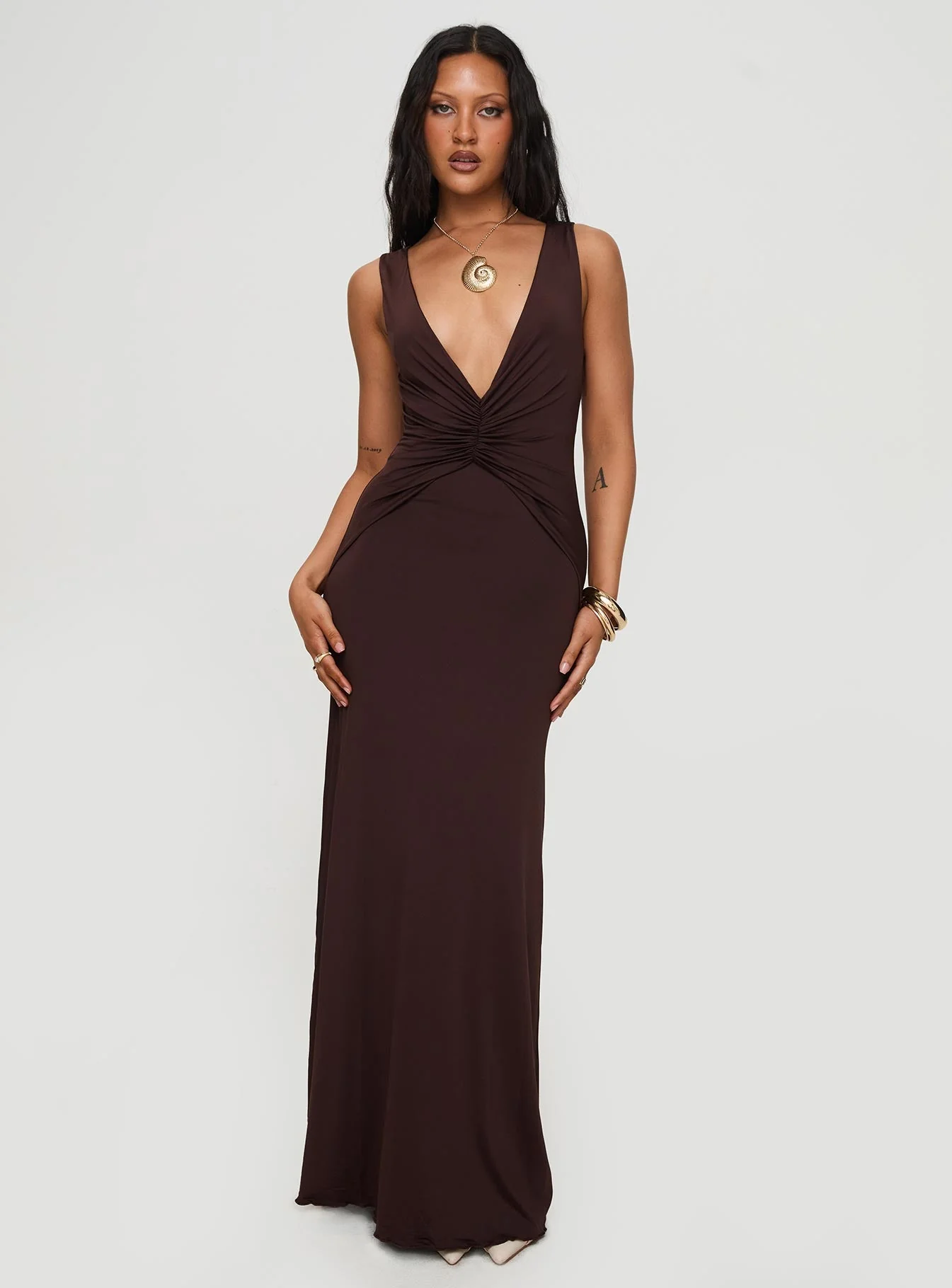 Frederica Plunge Maxi Dress Chocolate - Image 2
