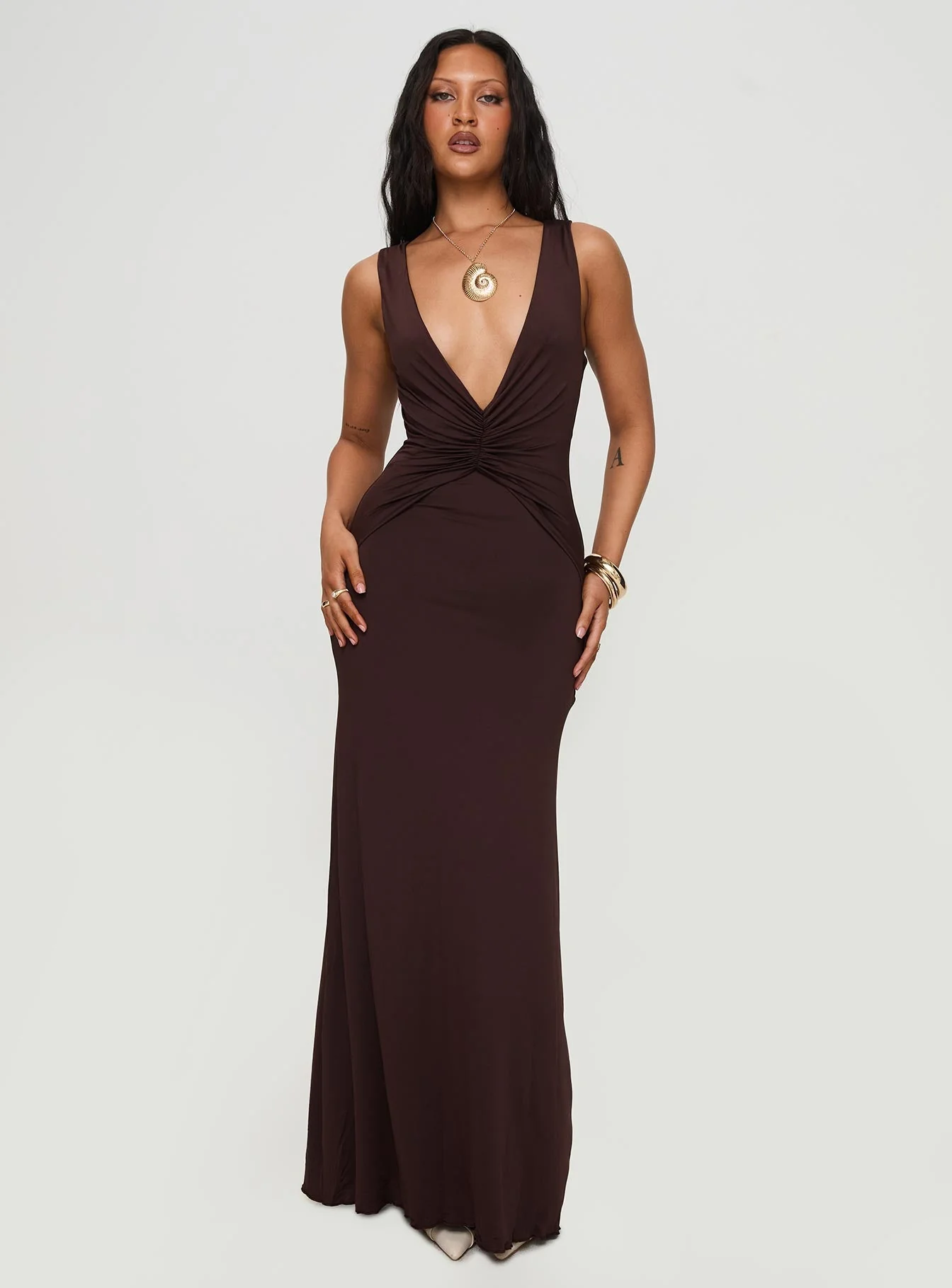 Frederica Plunge Maxi Dress Chocolate - Image 3