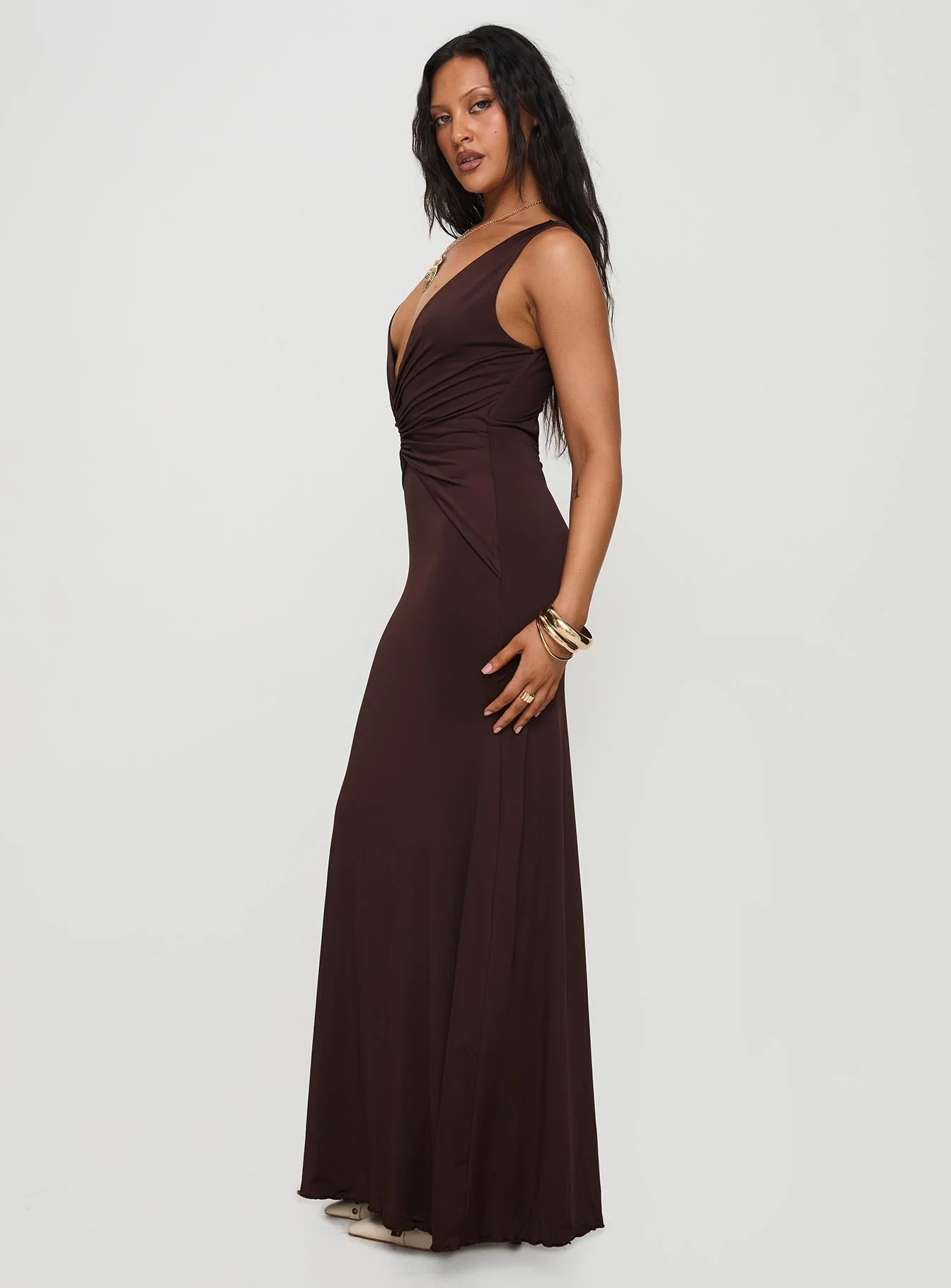 Frederica Plunge Maxi Dress Chocolate - Image 4