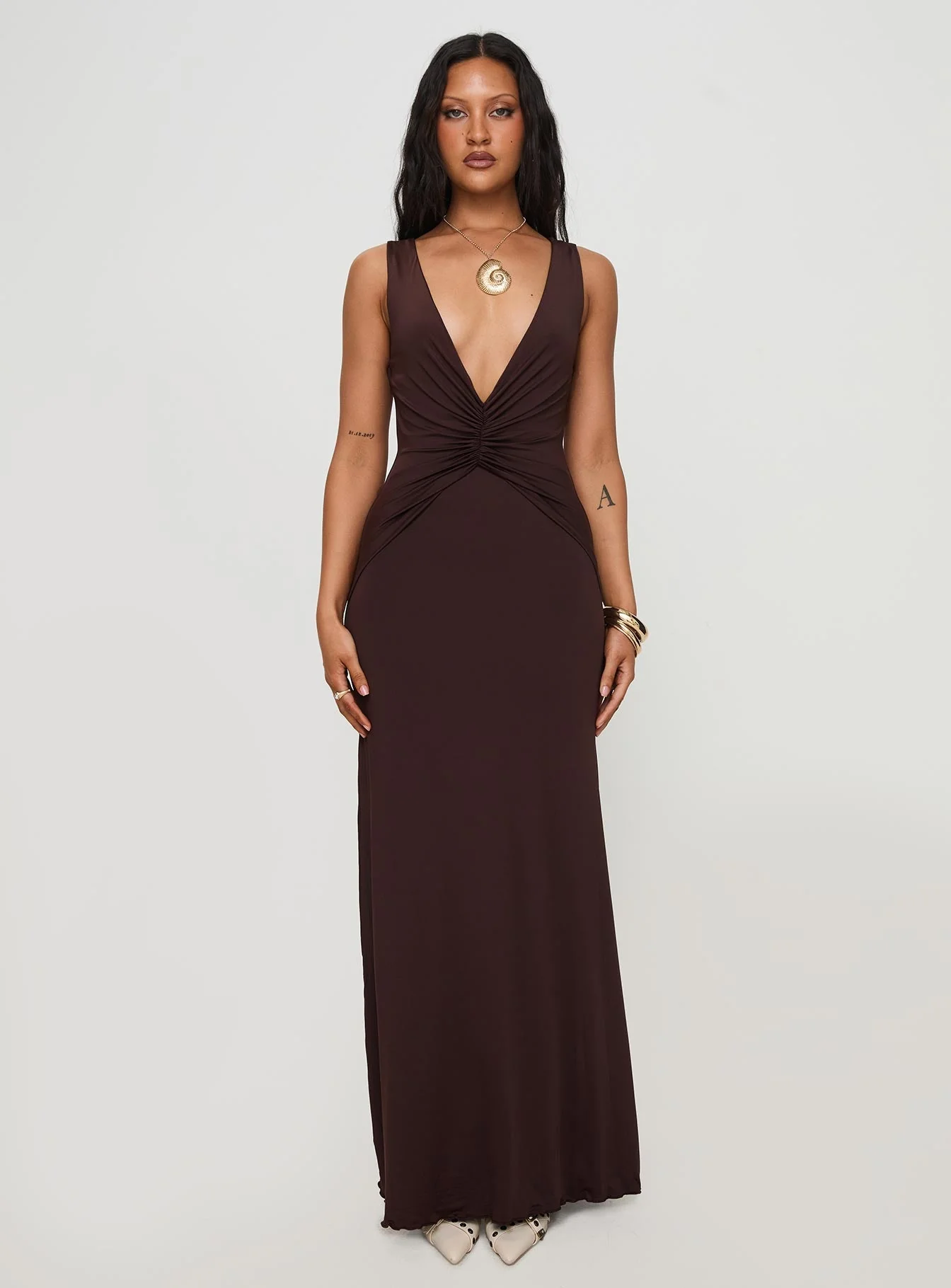 Frederica Plunge Maxi Dress Chocolate - Image 7