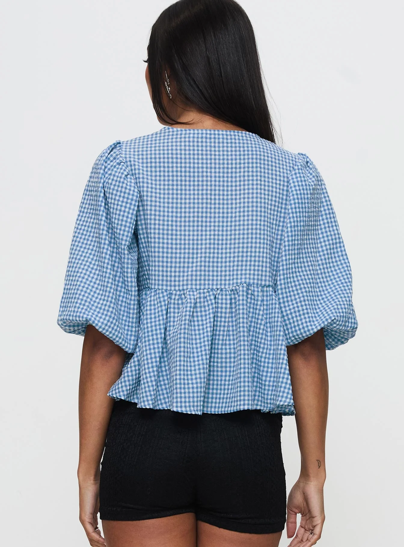 Full House Tie Up Blouse Top Blue Plaid - Image 5