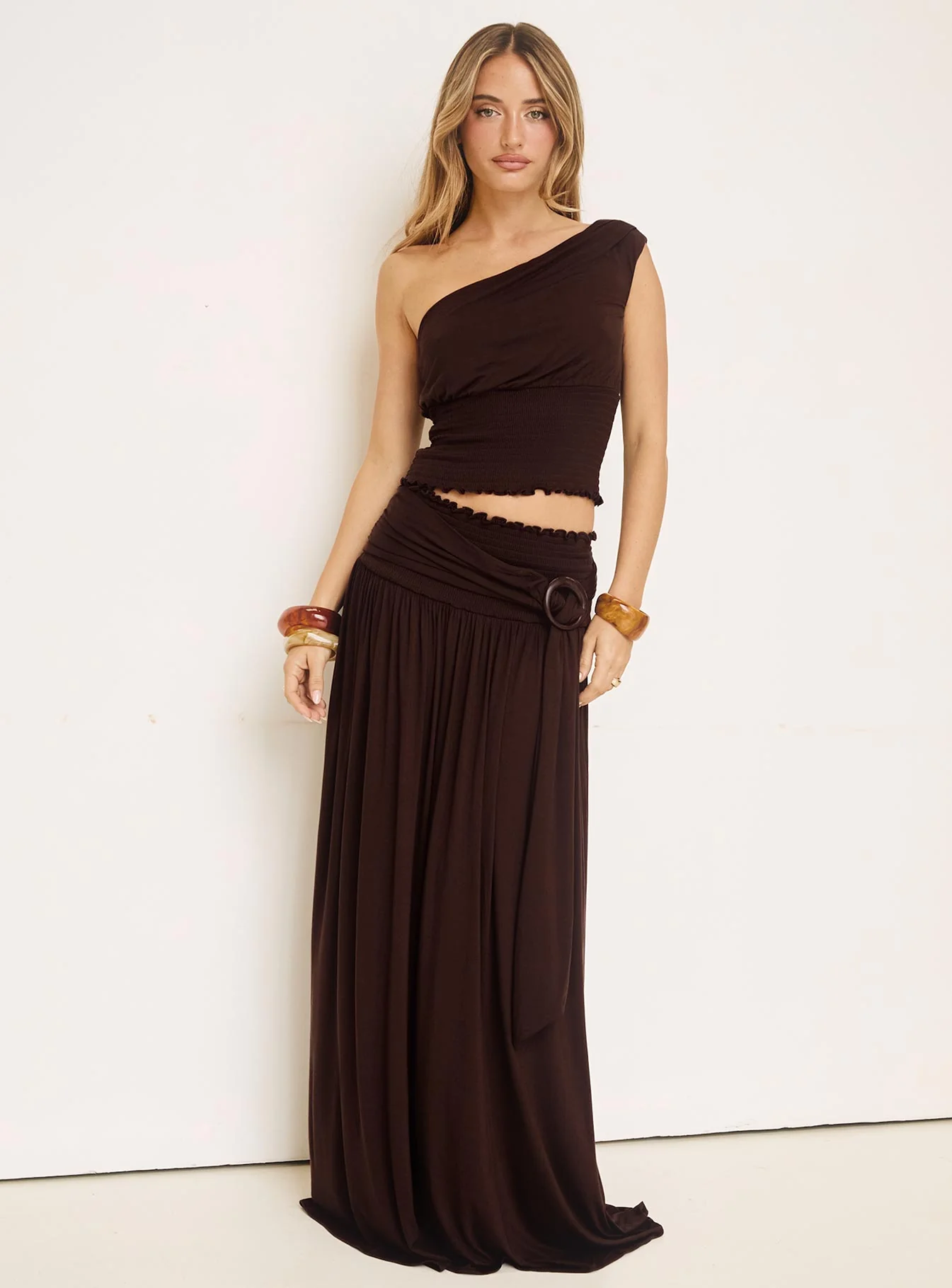 Full Orbit Shirred Maxi Skirt Chocolate Brown - Image 8