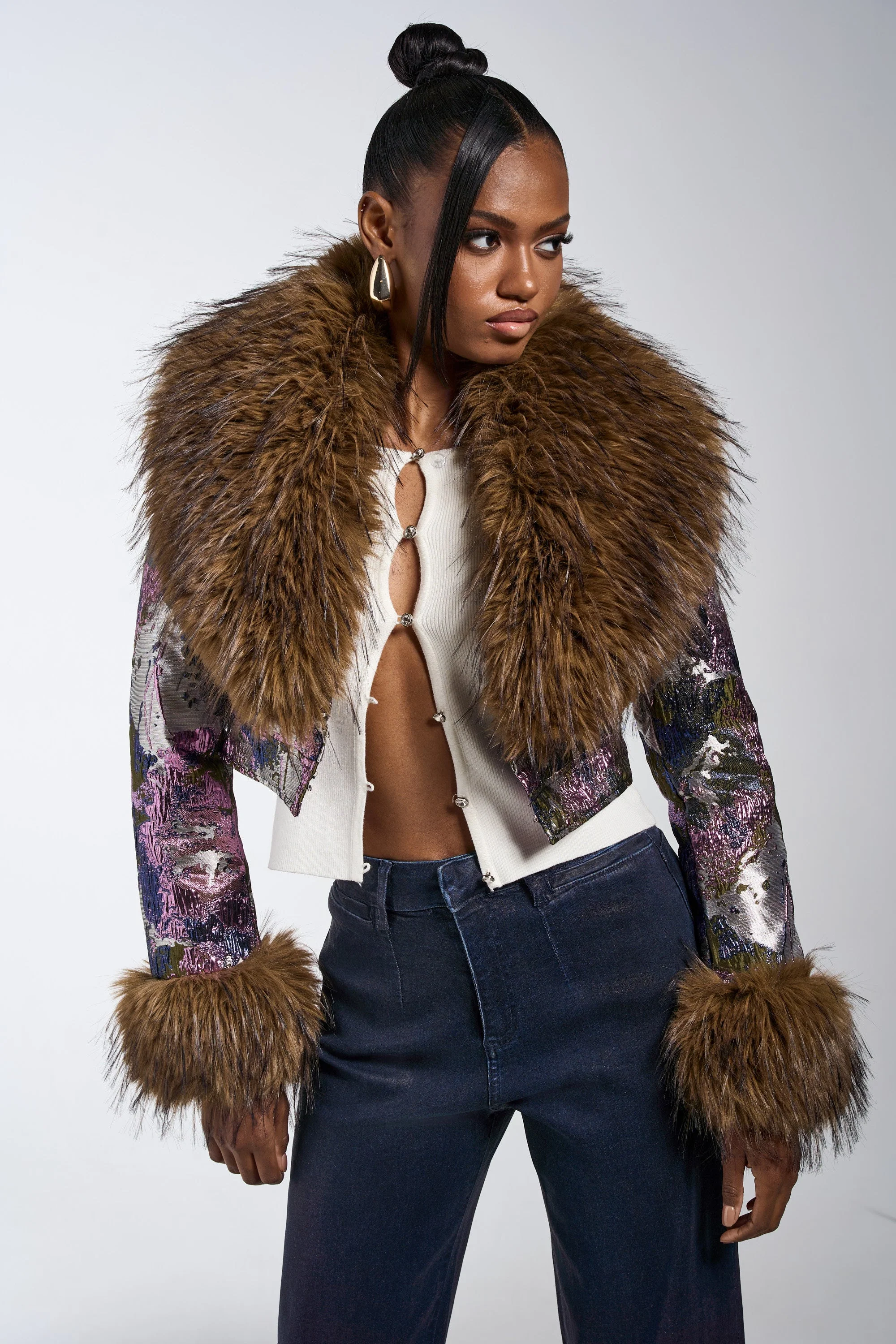 GISELE FUR TRIM MOTO IN BROCADE - Image 3