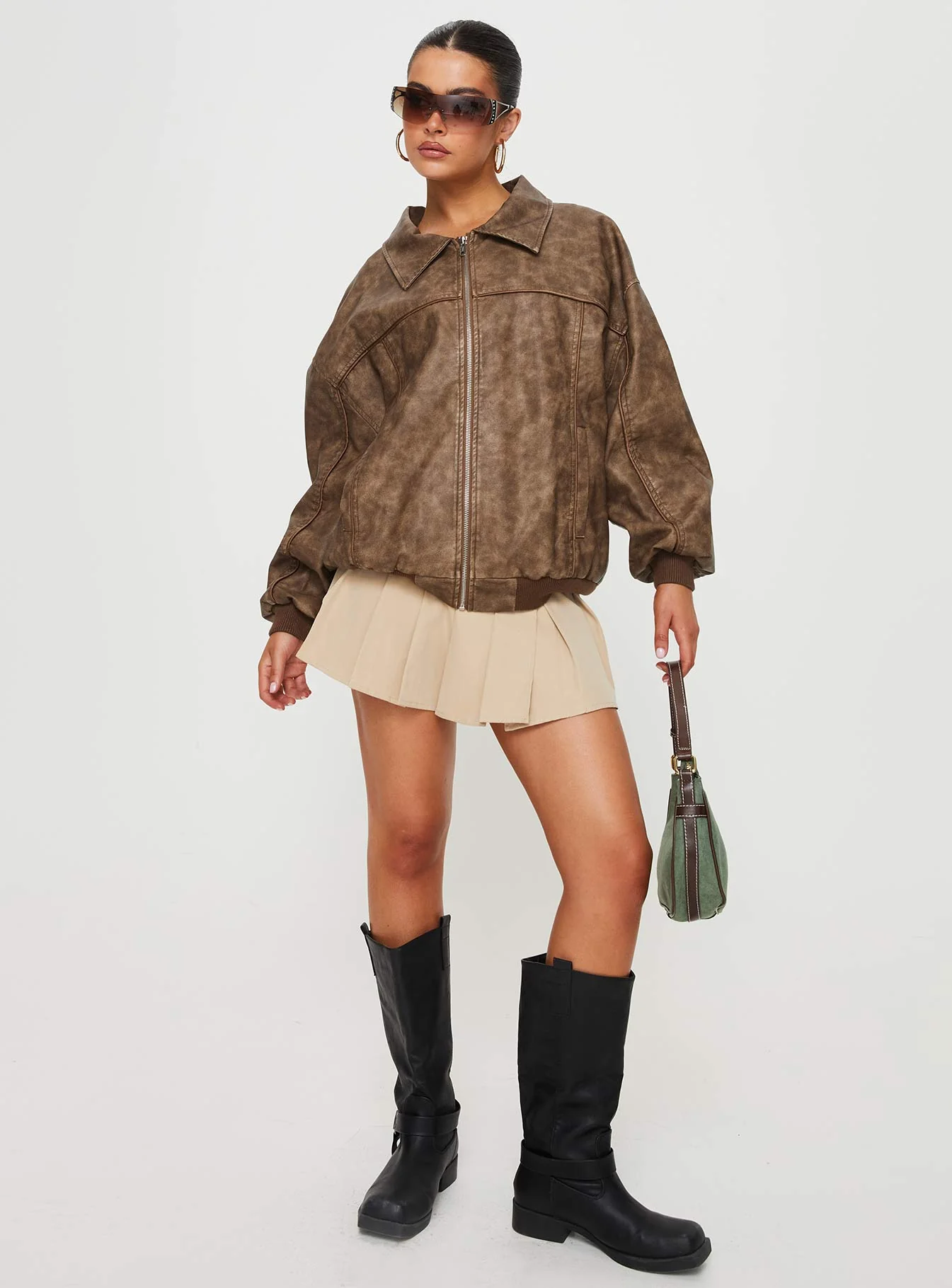 Goldsmith Faux Leather Bomber Jacket Washed Brown - Image 4