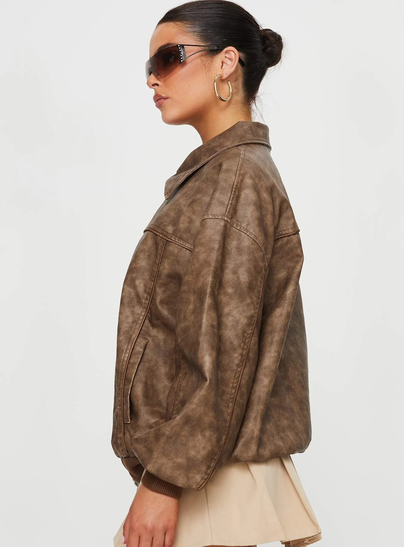 Goldsmith Faux Leather Bomber Jacket Washed Brown - Image 5
