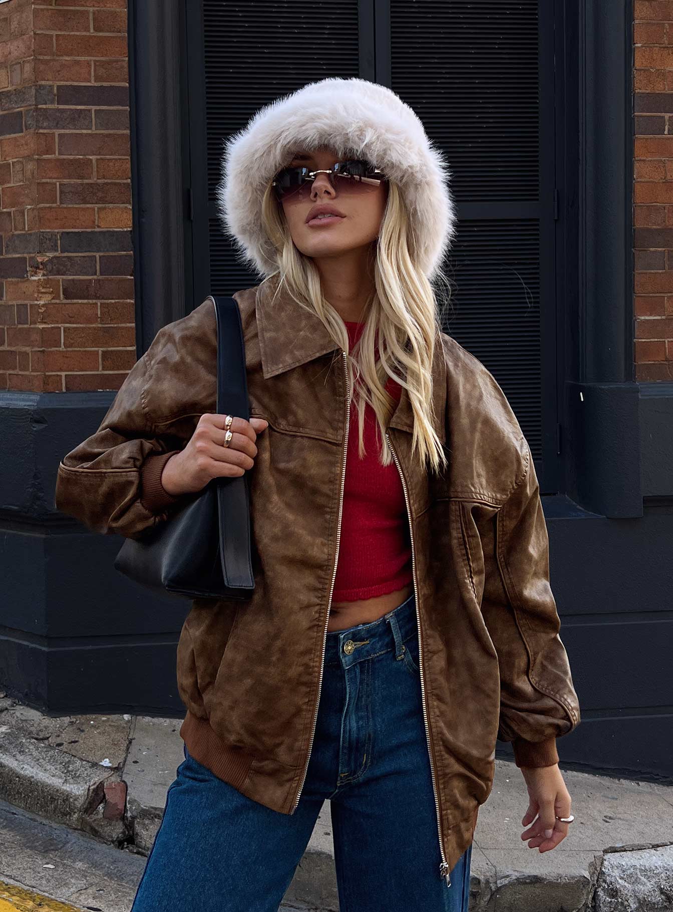 Goldsmith Faux Leather Bomber Jacket Washed Brown - Image 8