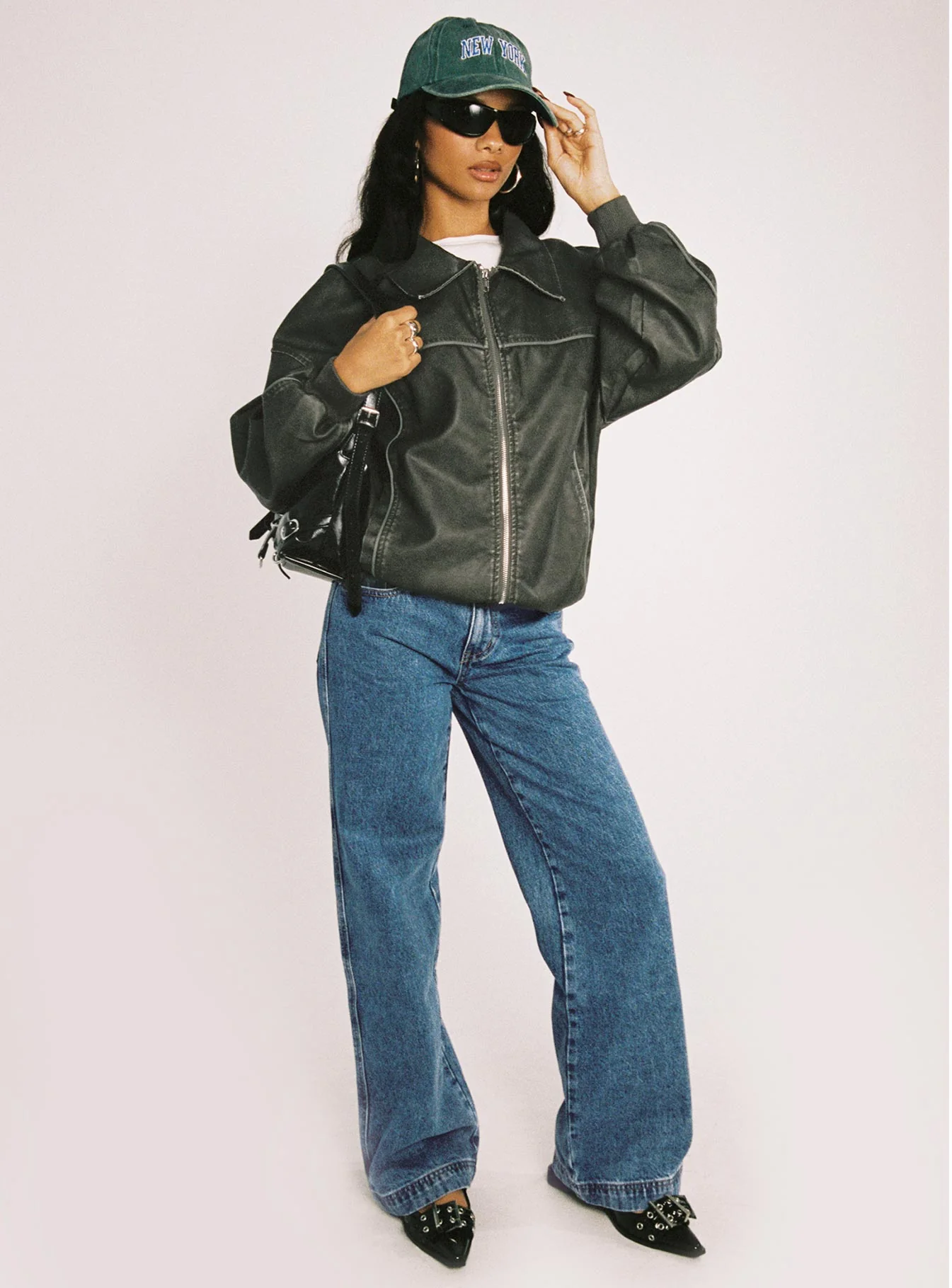 Goldsmith Faux Leather Bomber Jacket Washed Forest - Image 12