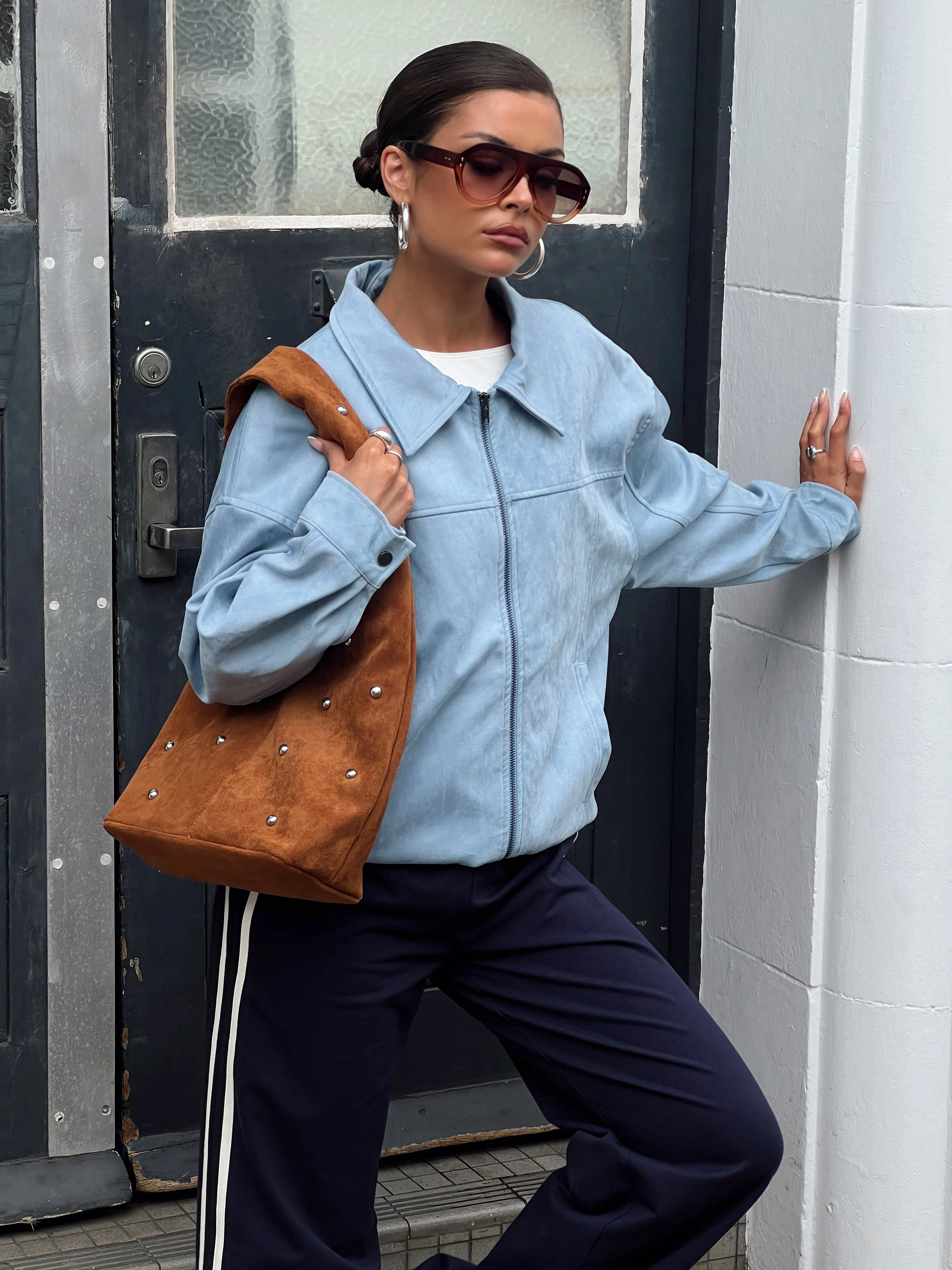 Goldsmith Faux Suede Bomber Jacket Blue - Image 4