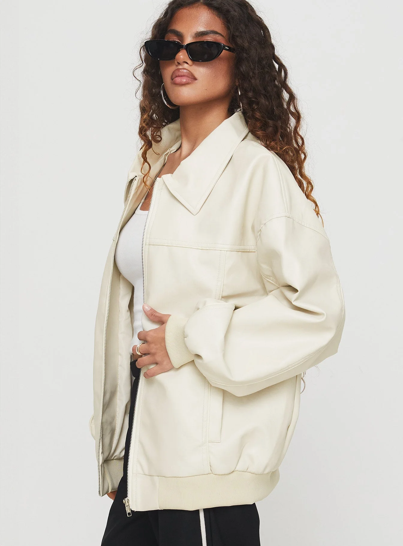Goldsmith Faux Leather Bomber Jacket Cream - Image 4