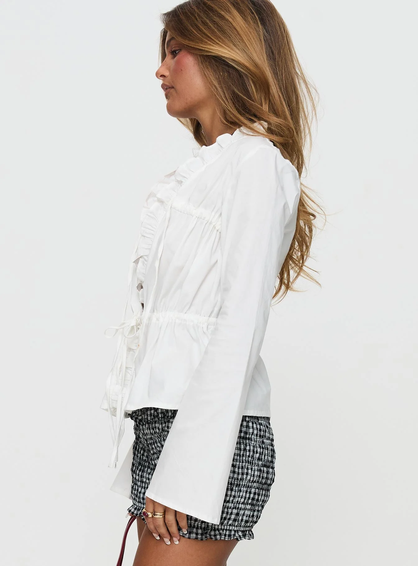 Harloe Ruched Tie Up Long Sleeve Top White - Image 4