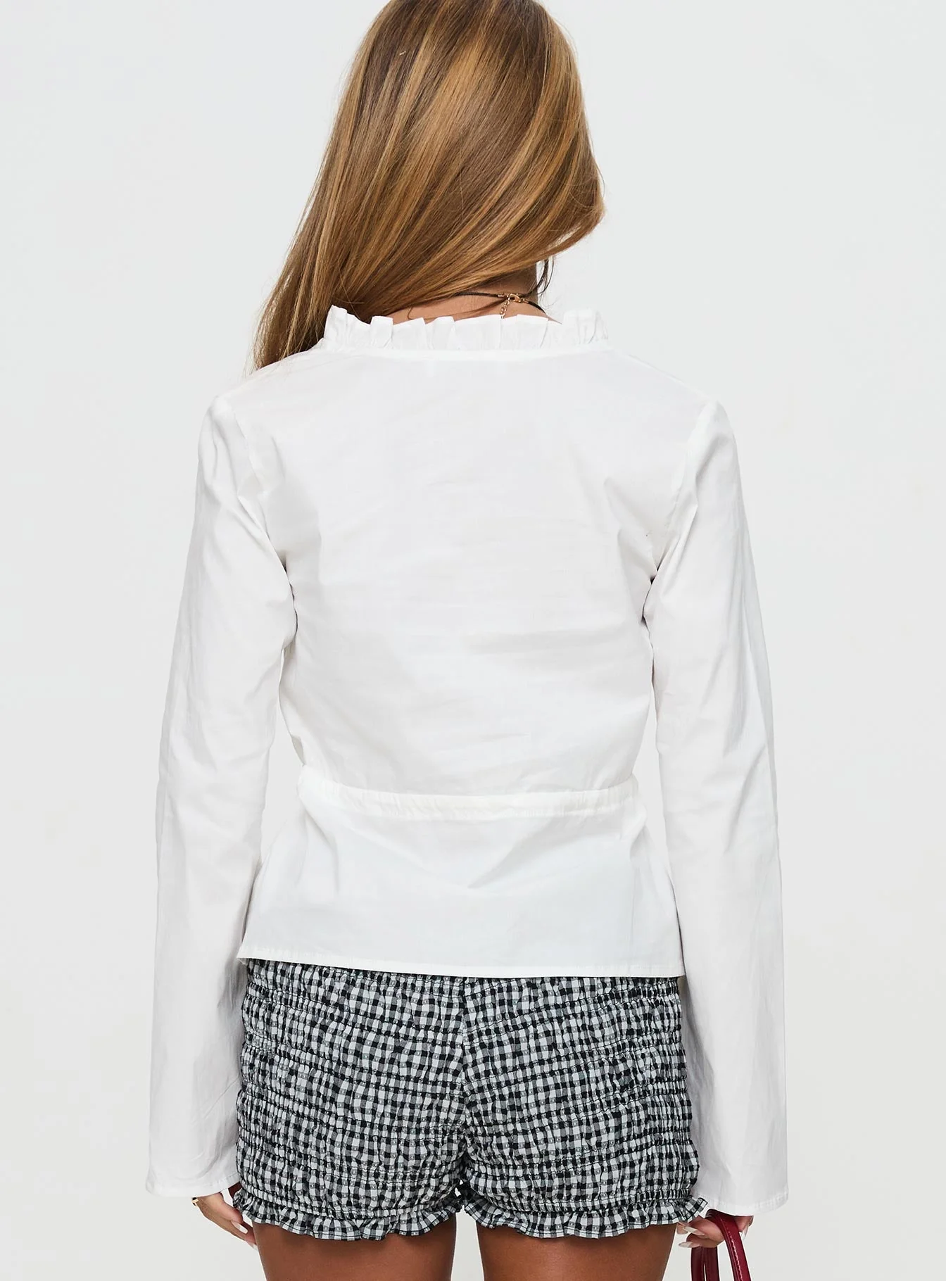 Harloe Ruched Tie Up Long Sleeve Top White - Image 5