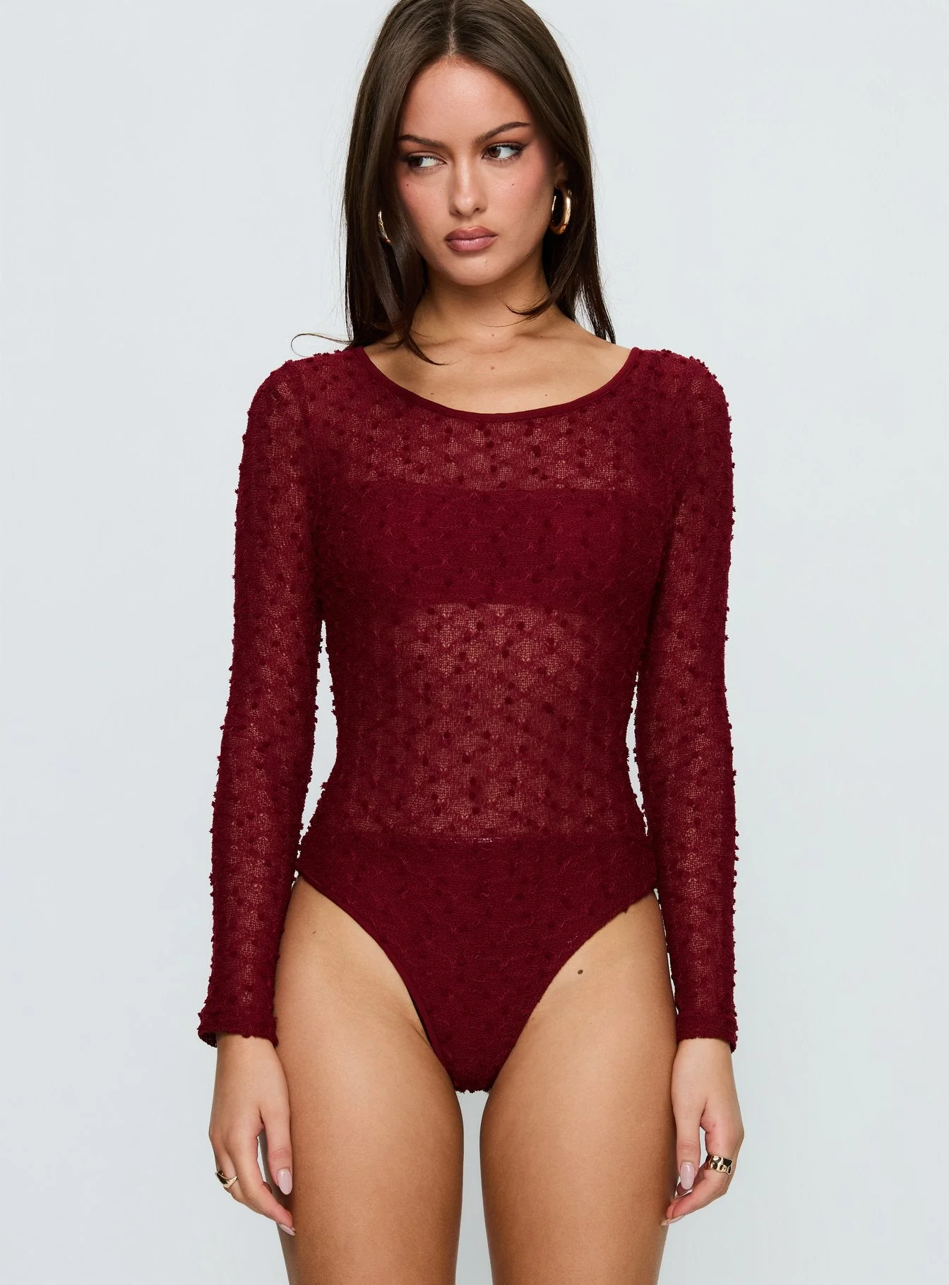 Harly Sheer Long Sleeve Bodysuit Red - Image 6