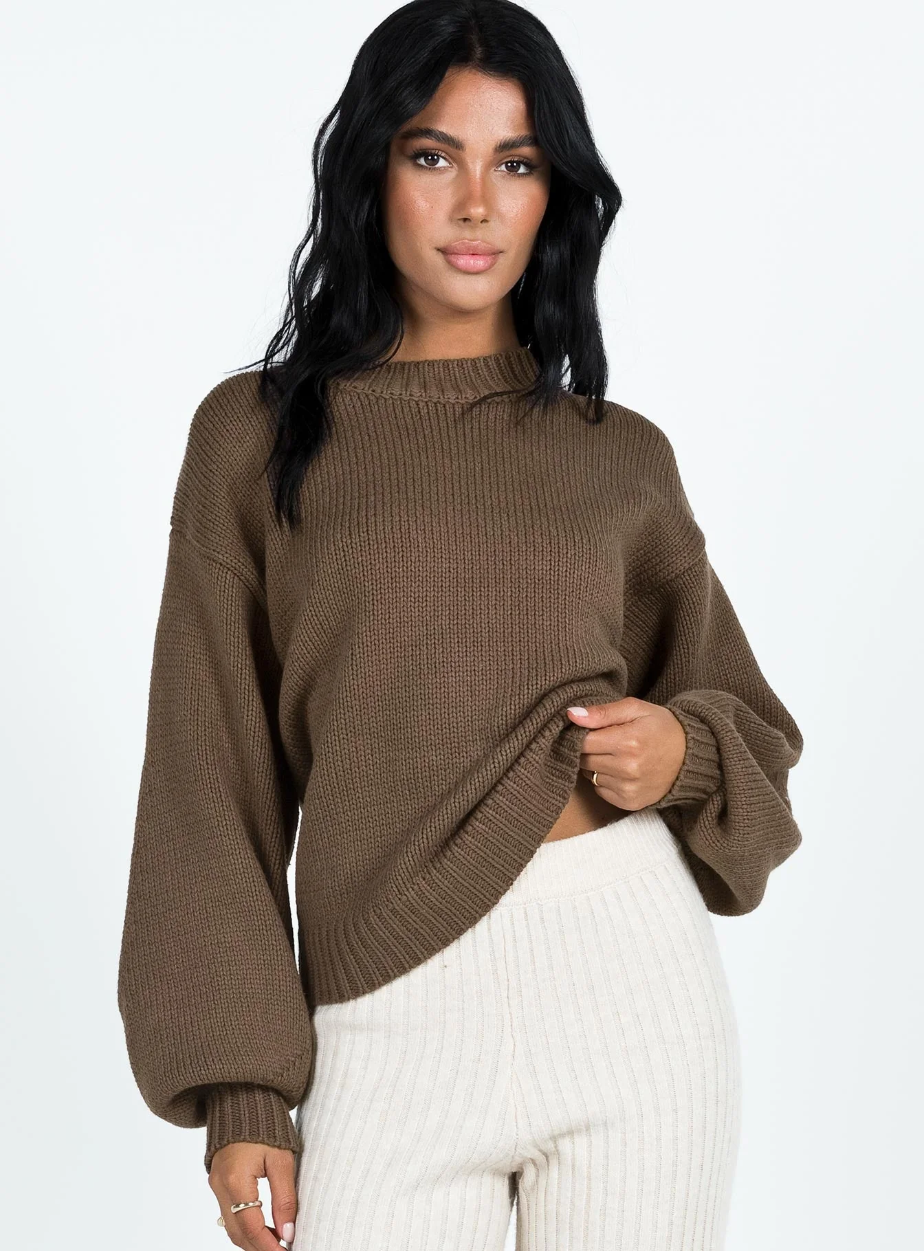 Harmony Balloon Sleeve Knit Sweater Dark Brown - Image 2