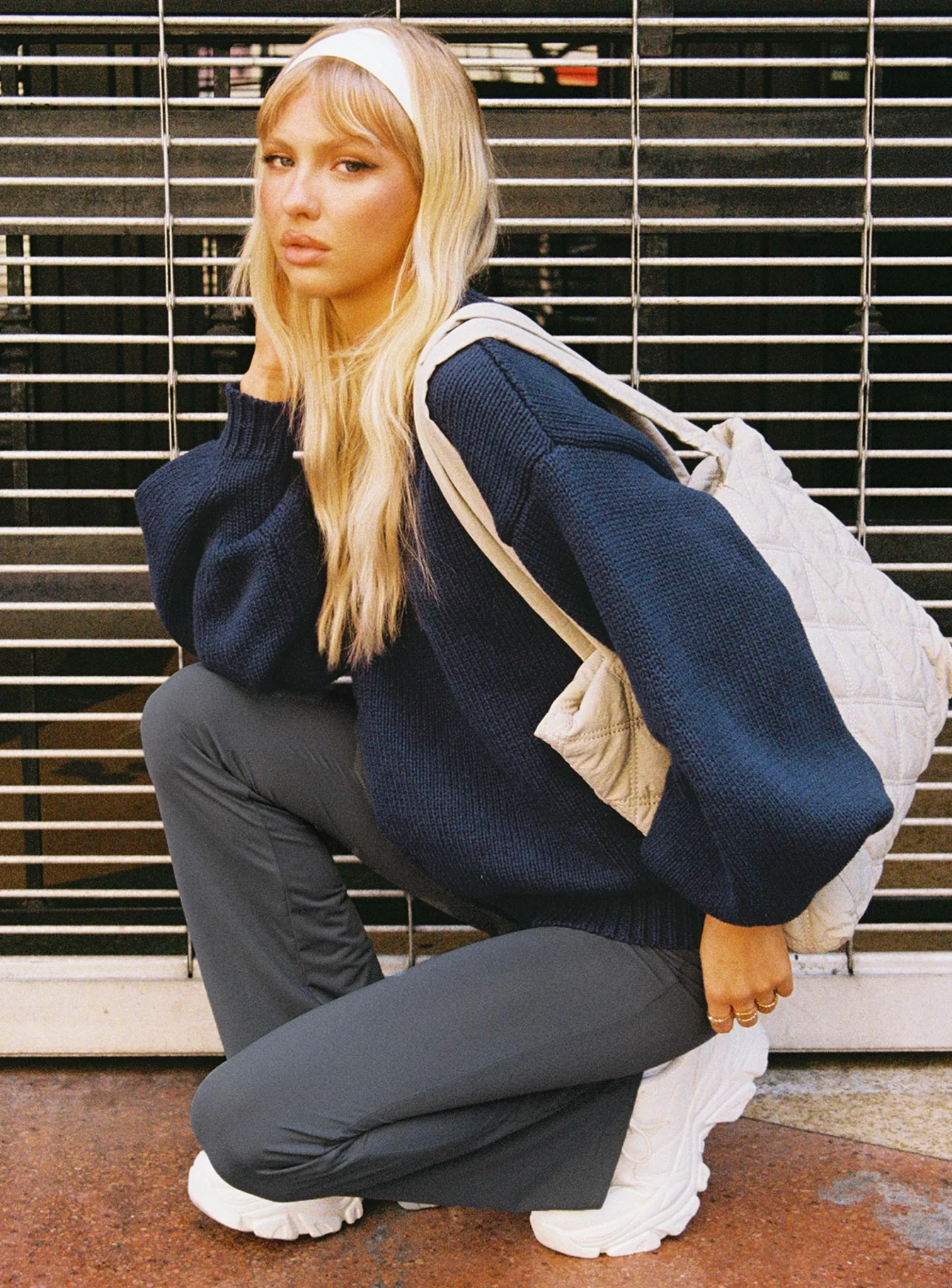 Harmony Balloon Sleeve Knit Sweater Navy - Image 11