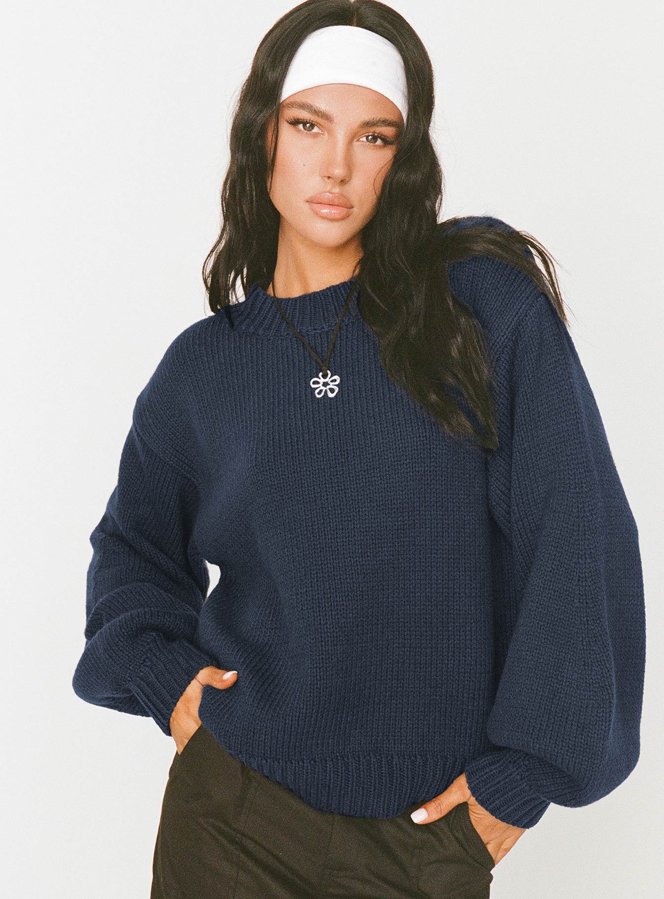 Harmony Balloon Sleeve Knit Sweater Navy - Image 2