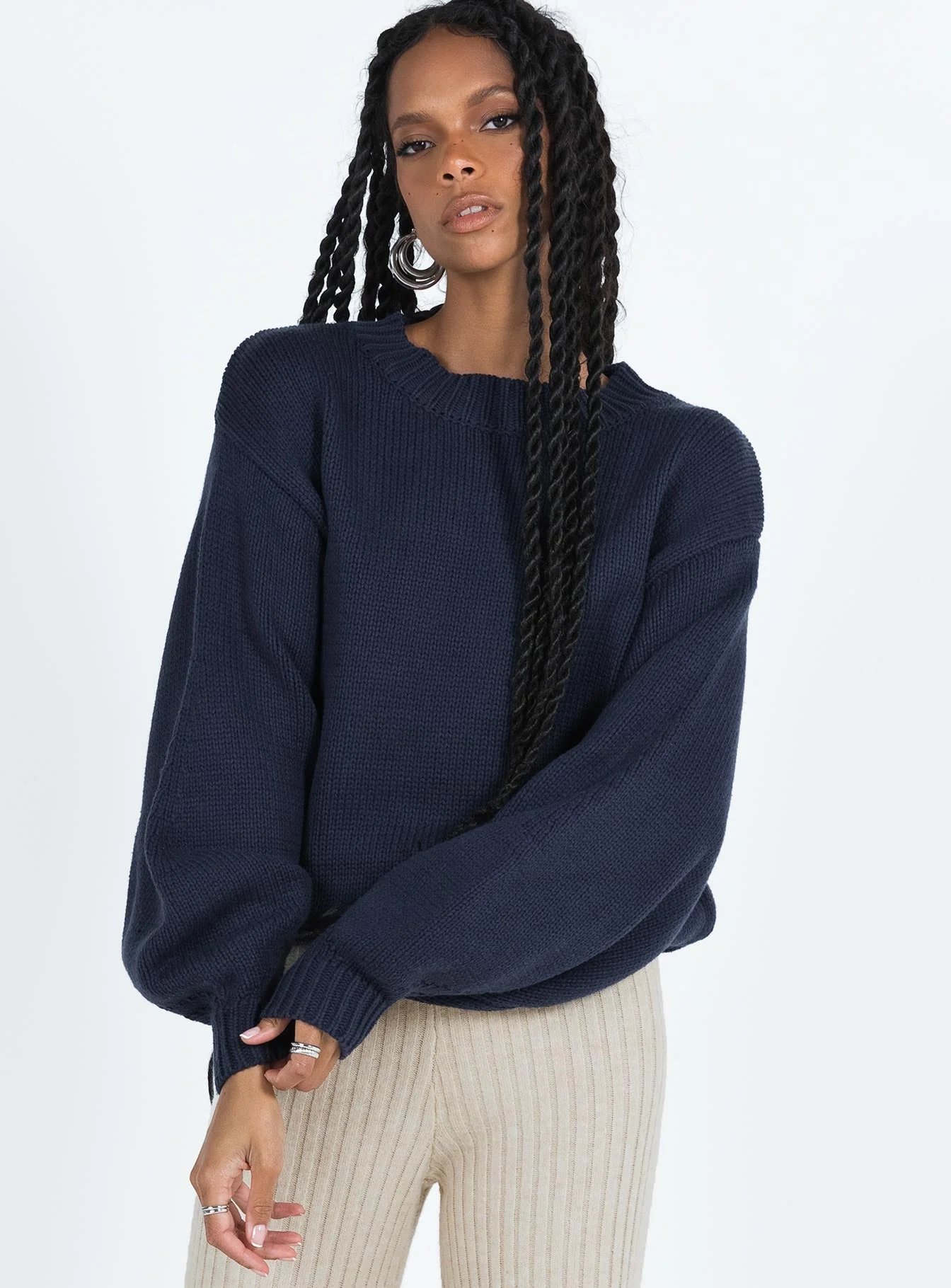 Harmony Balloon Sleeve Knit Sweater Navy - Image 3