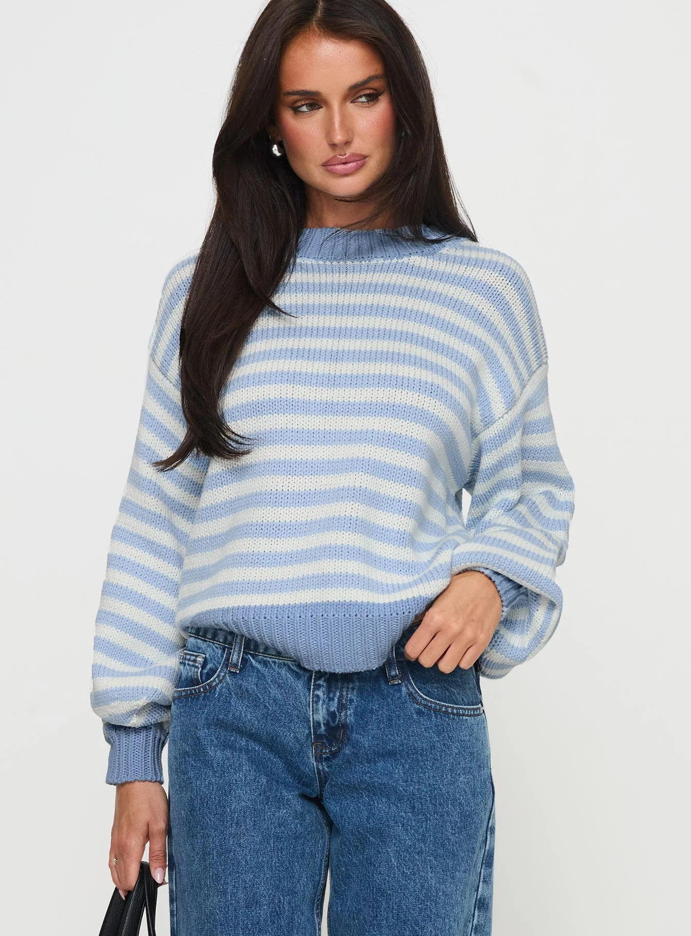 Harmony Balloon Sleeve Knit Sweater Blue / White Stripe - Image 2