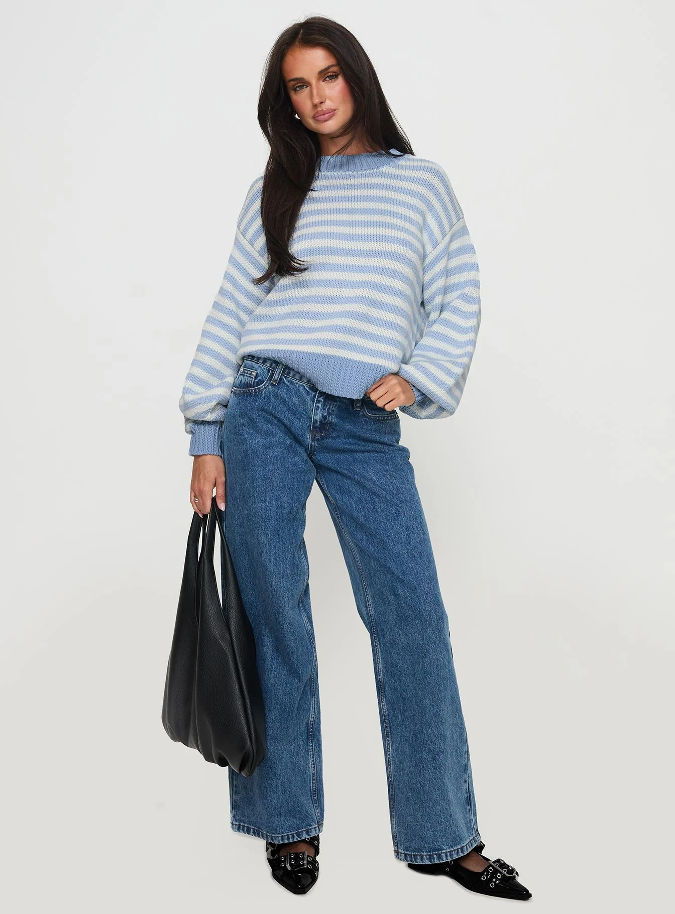 Harmony Balloon Sleeve Knit Sweater Blue / White Stripe - Image 3