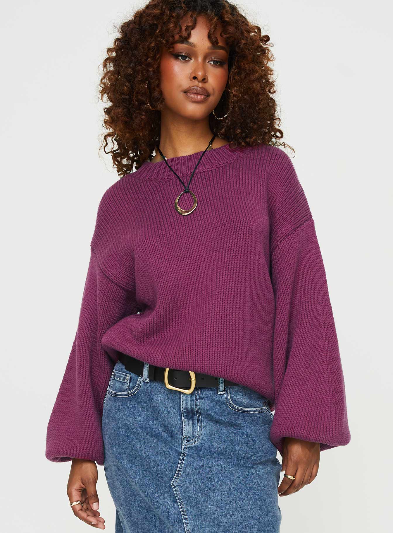 Harmony Balloon Sleeve Knit Sweater Burgundy - Image 2