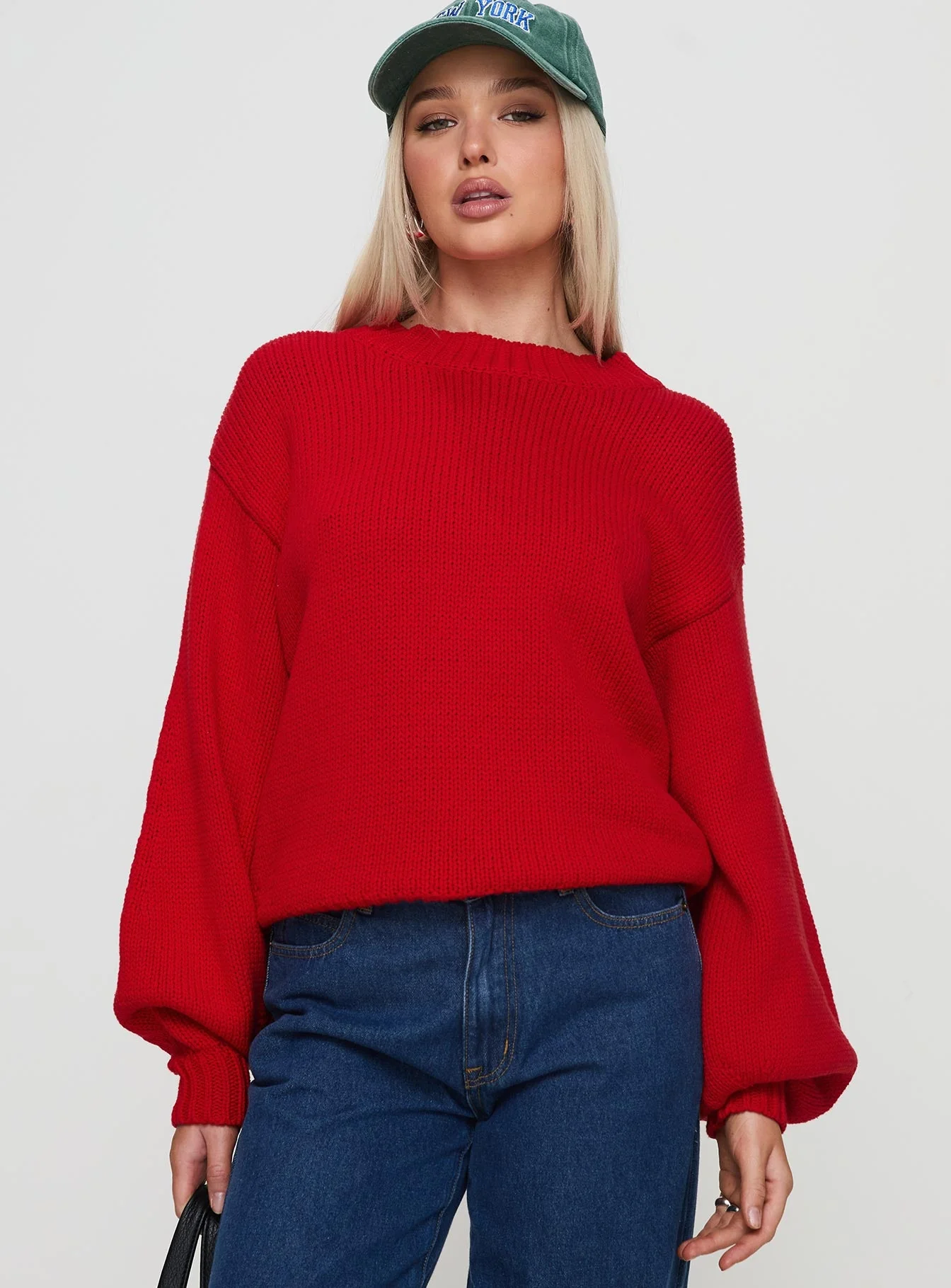 Harmony Balloon Sleeve Knit Sweater Red - Image 2