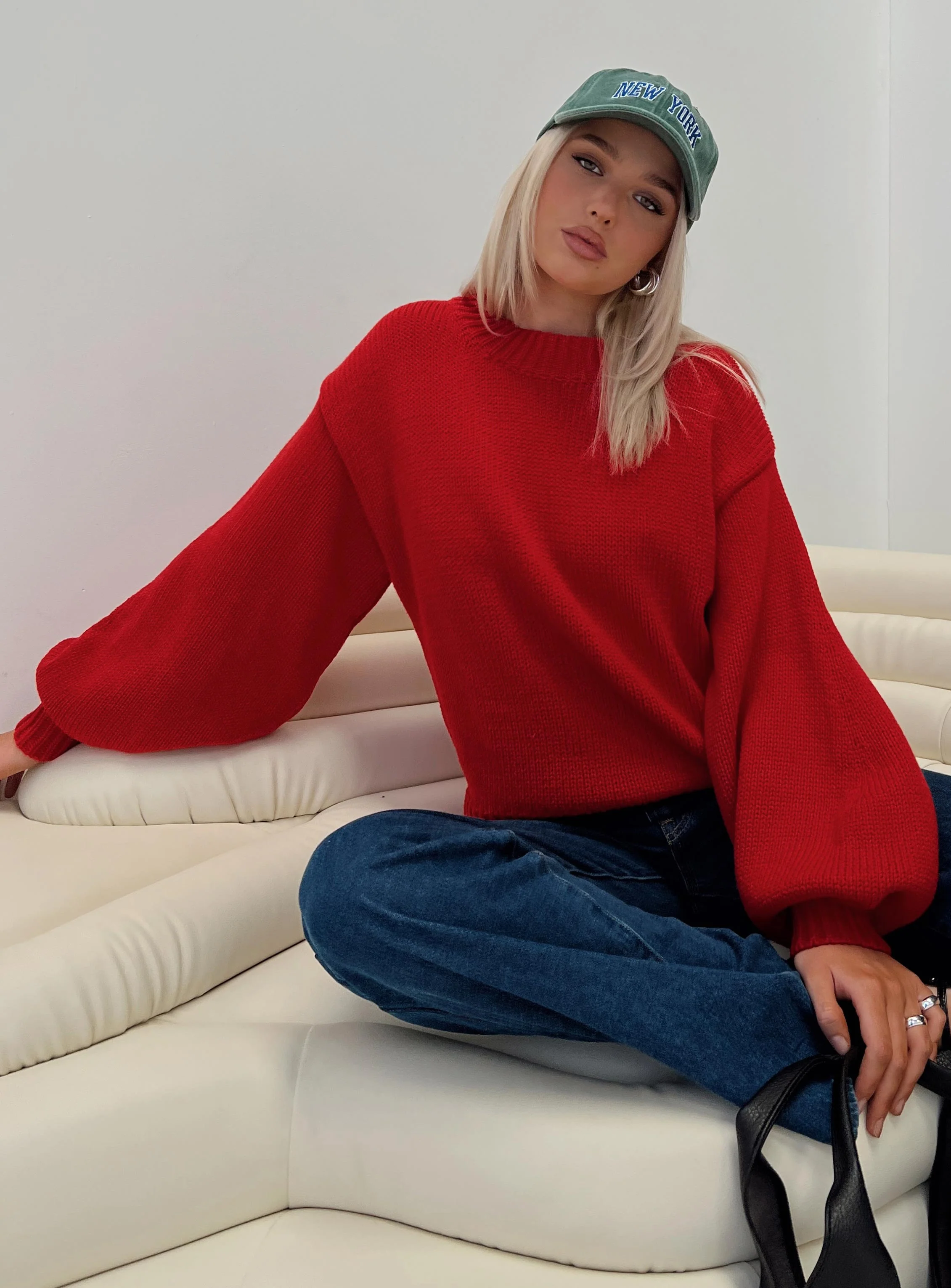 Harmony Balloon Sleeve Knit Sweater Red - Image 9