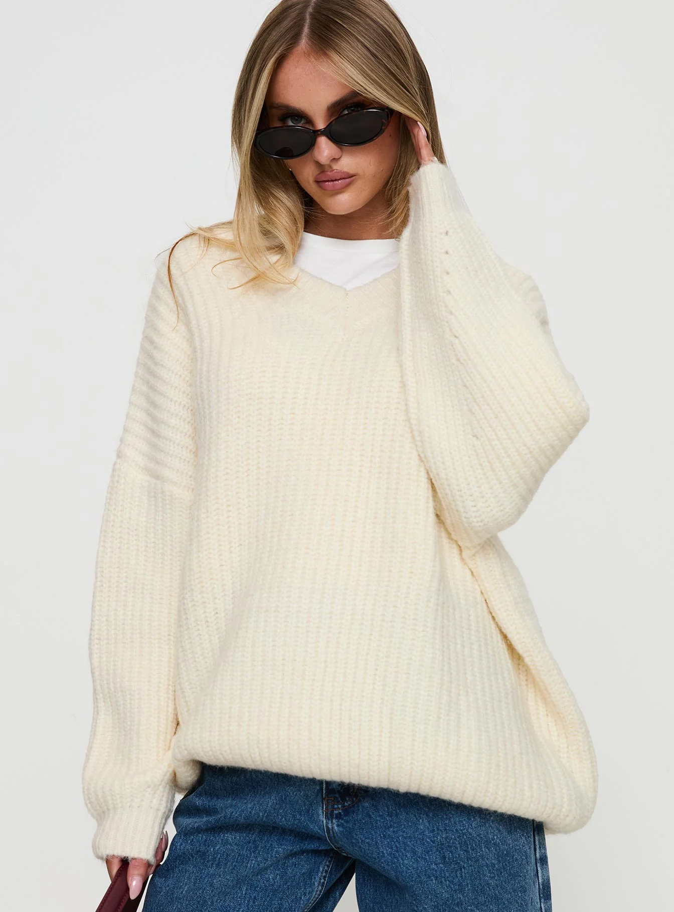 Have It All V Neck Knit Sweater Cream - Image 2