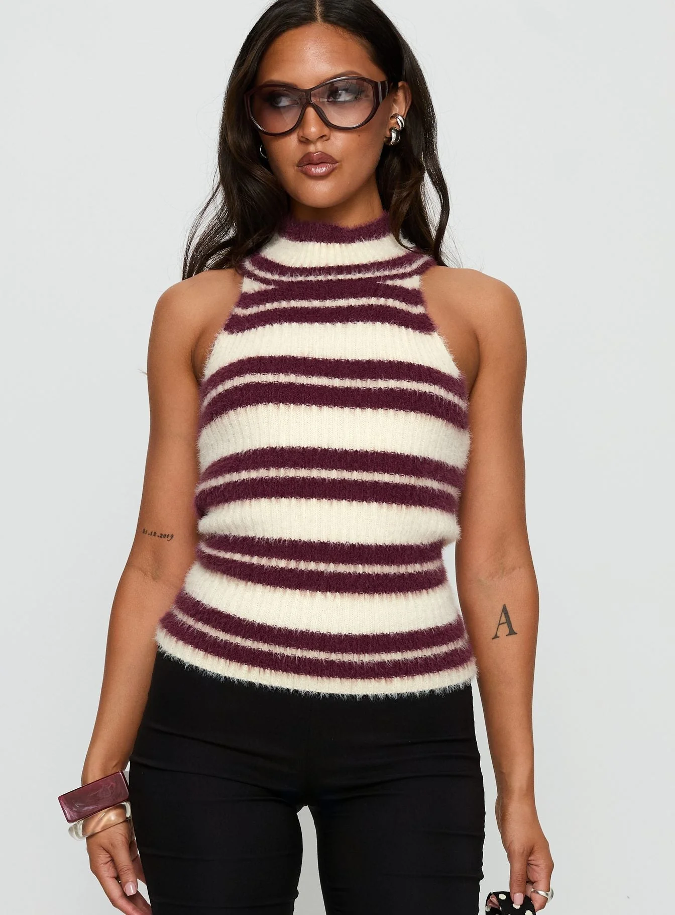 Heide High Neck Fluffy Top Burgundy Stripe - Image 2