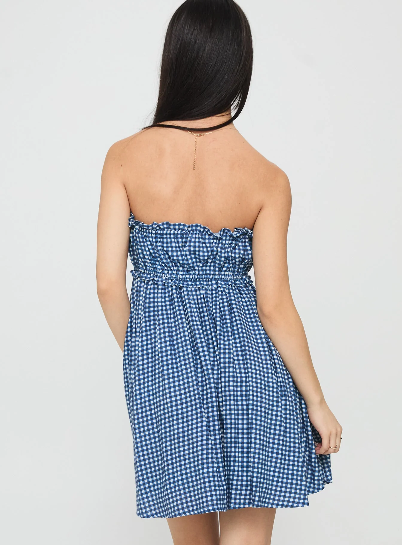 Held My Breath Strapless Babydoll Mini Dress Blue Gingham - Image 4