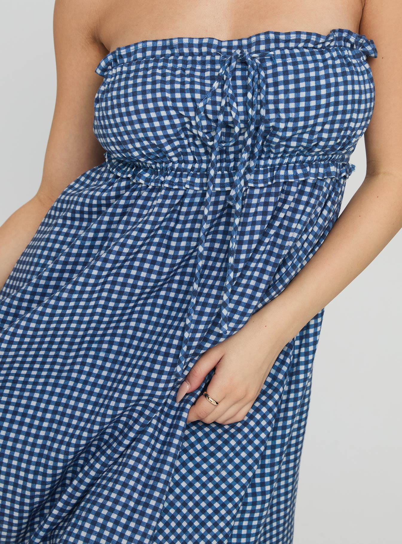 Held My Breath Strapless Babydoll Mini Dress Blue Gingham - Image 5