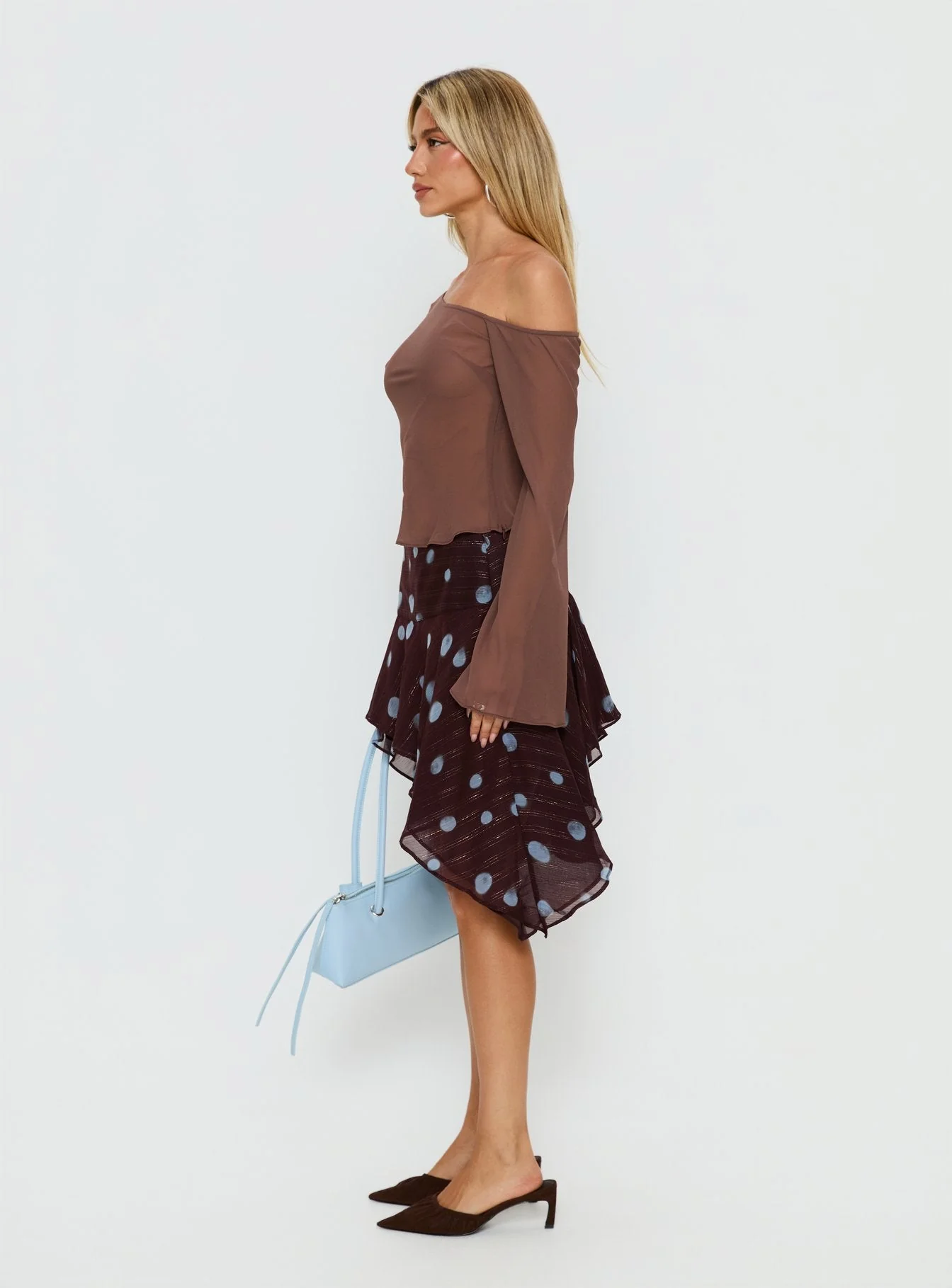 Hevenna Asymmetrical Chiffon Mini Skirt Brown / Blue Polka - Image 4