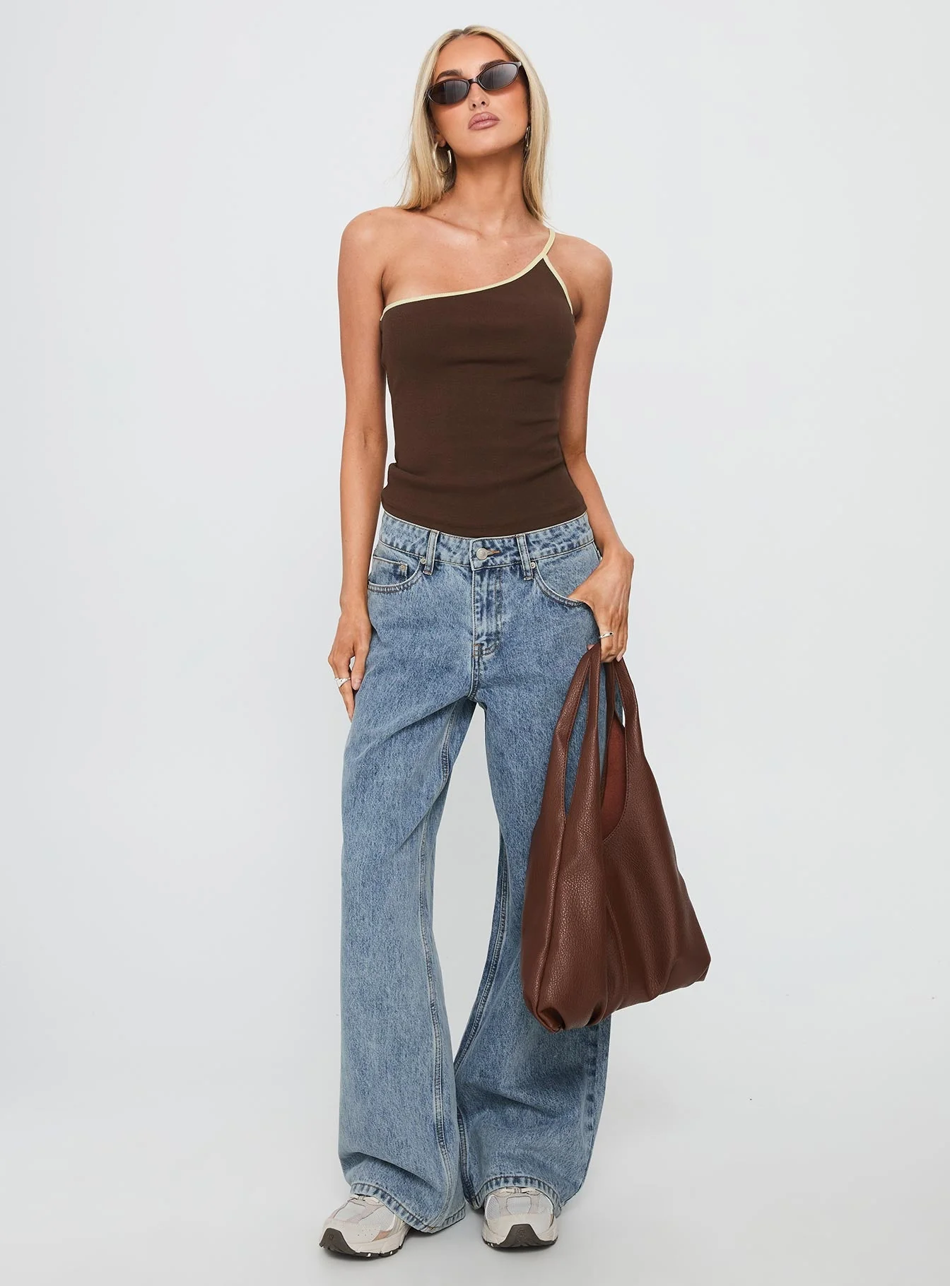 Hold It Down One Shoulder Contrast Top Chocolate / Yellow - Image 3
