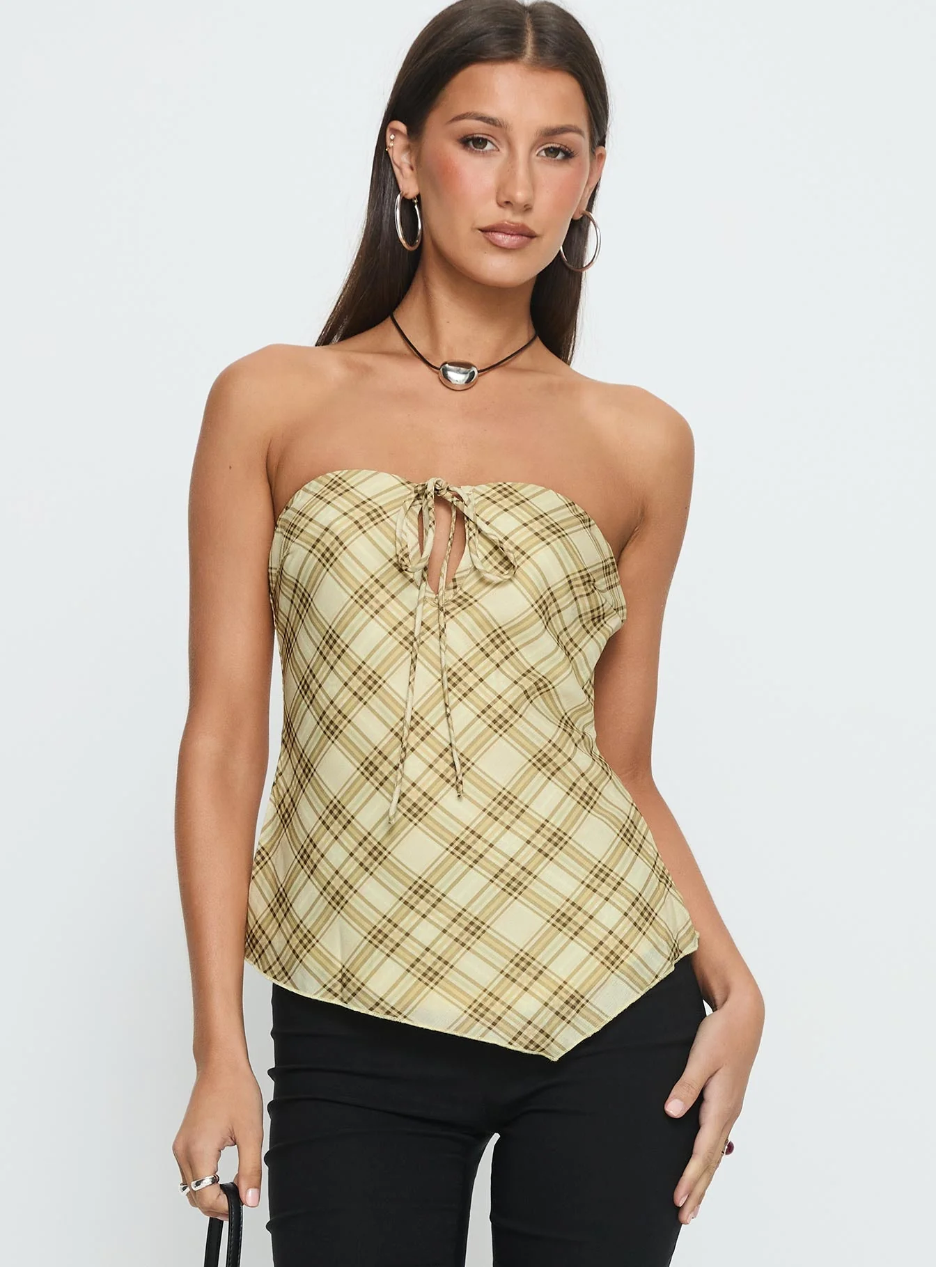 I Wonder Strapless Cut Out Top Yellow Check - Image 2