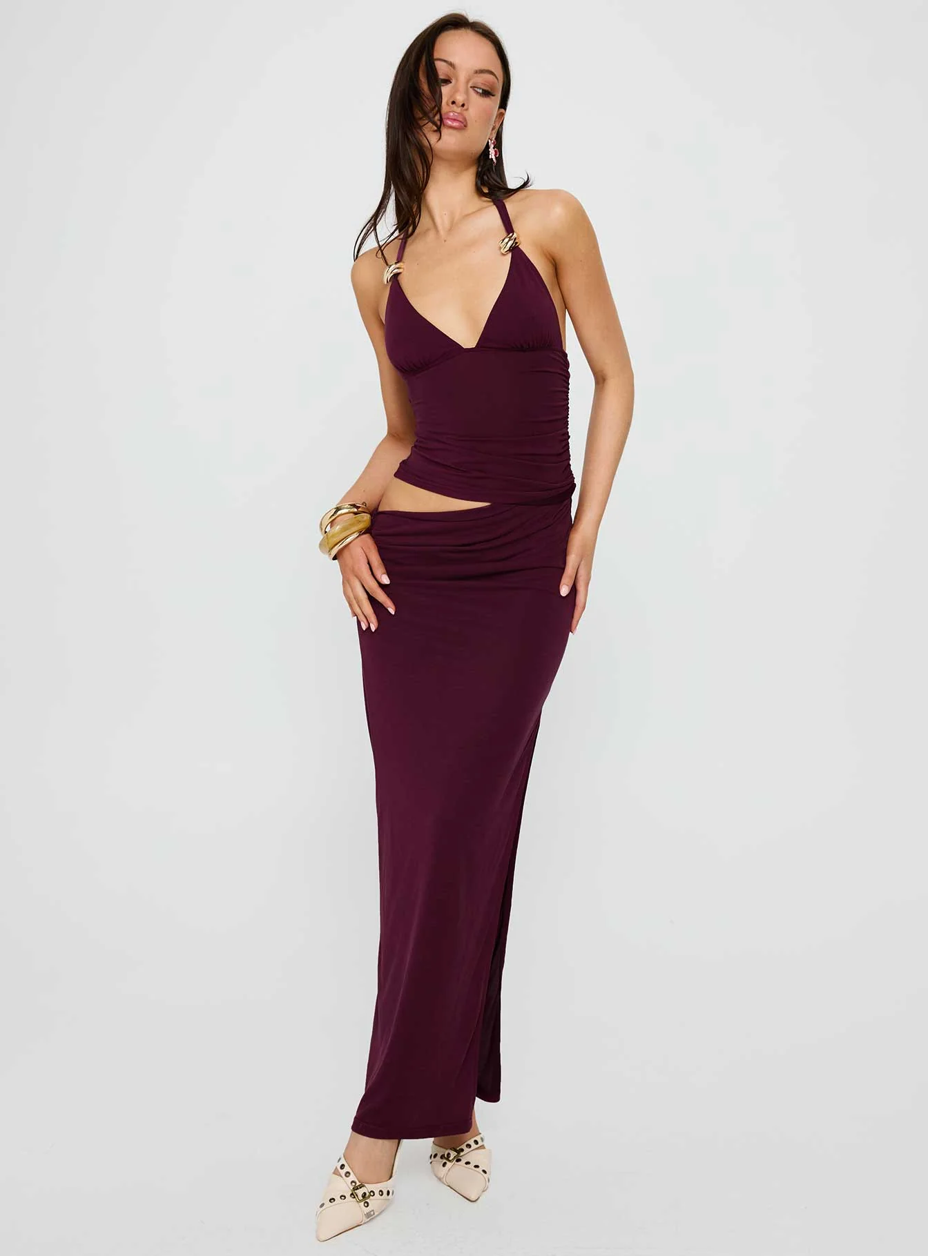 Imeraldia Hardware Halter Maxi Dress Currant - Image 2